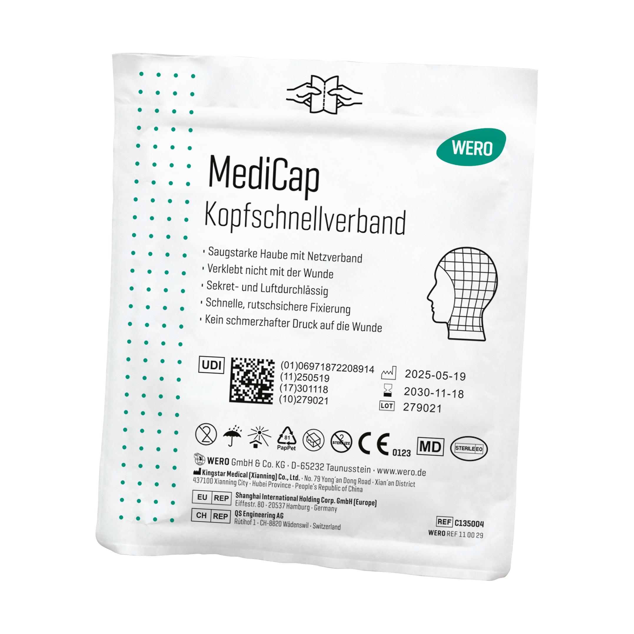Sterile Verpackung des WERO MediCap Kopfschnellverband mit grüner Illustration für schnelle Versorgung, saugstarker Haube und nicht haftender Wundauflage.