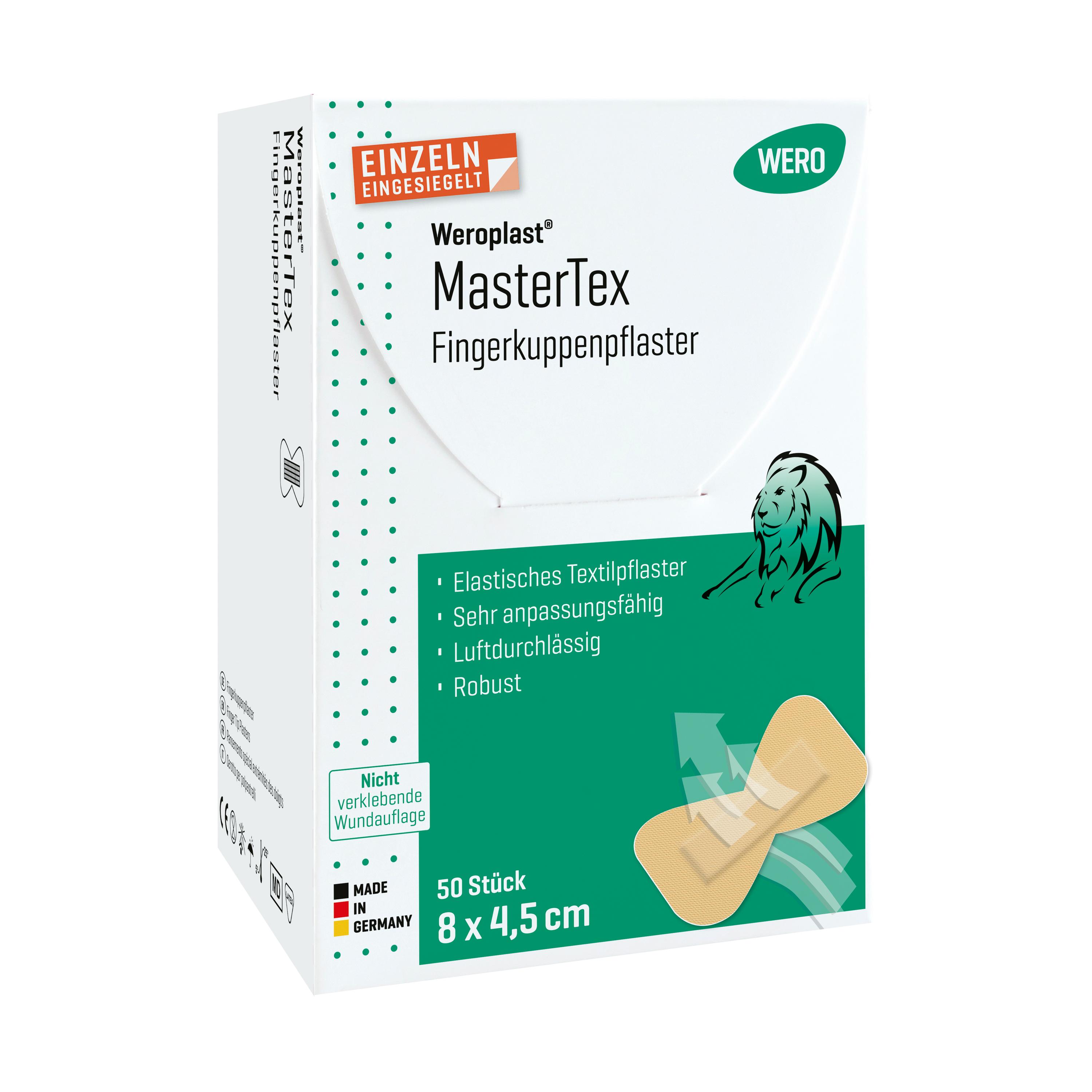 Schachtel Fingerkuppenpflaster Weroplast® MasterTex mit 50 Stück, textil, hohe Anpassungsfähigkeit und angenehmes Tragegefühl, Löwenmotiv rechts.