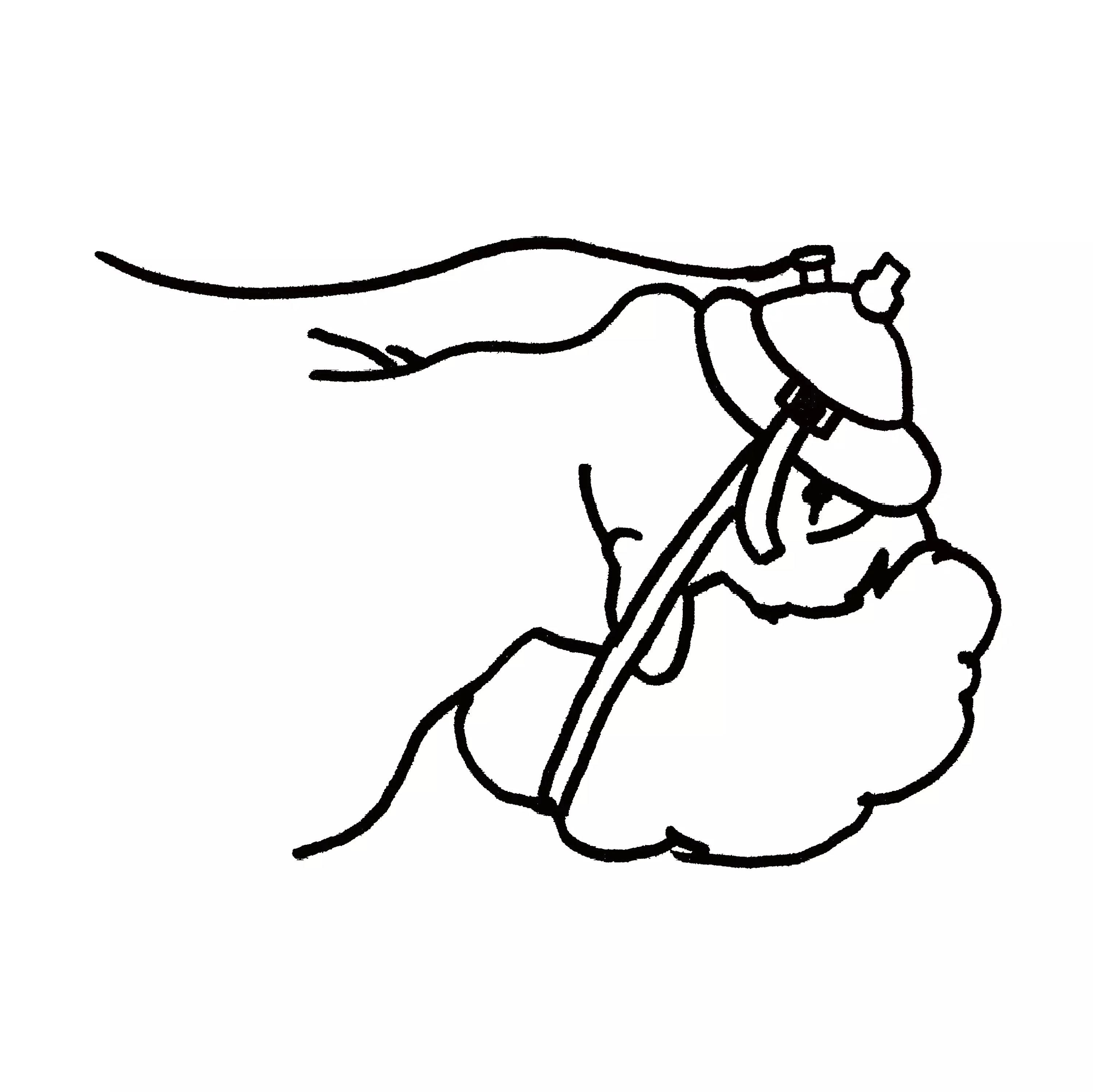 Reklinierende Person mit Atemmaske, deren Hand sanft einen angeschlossenen Schlauch hält, verbunden mit einer kleinen Box oberhalb des Kopfes.