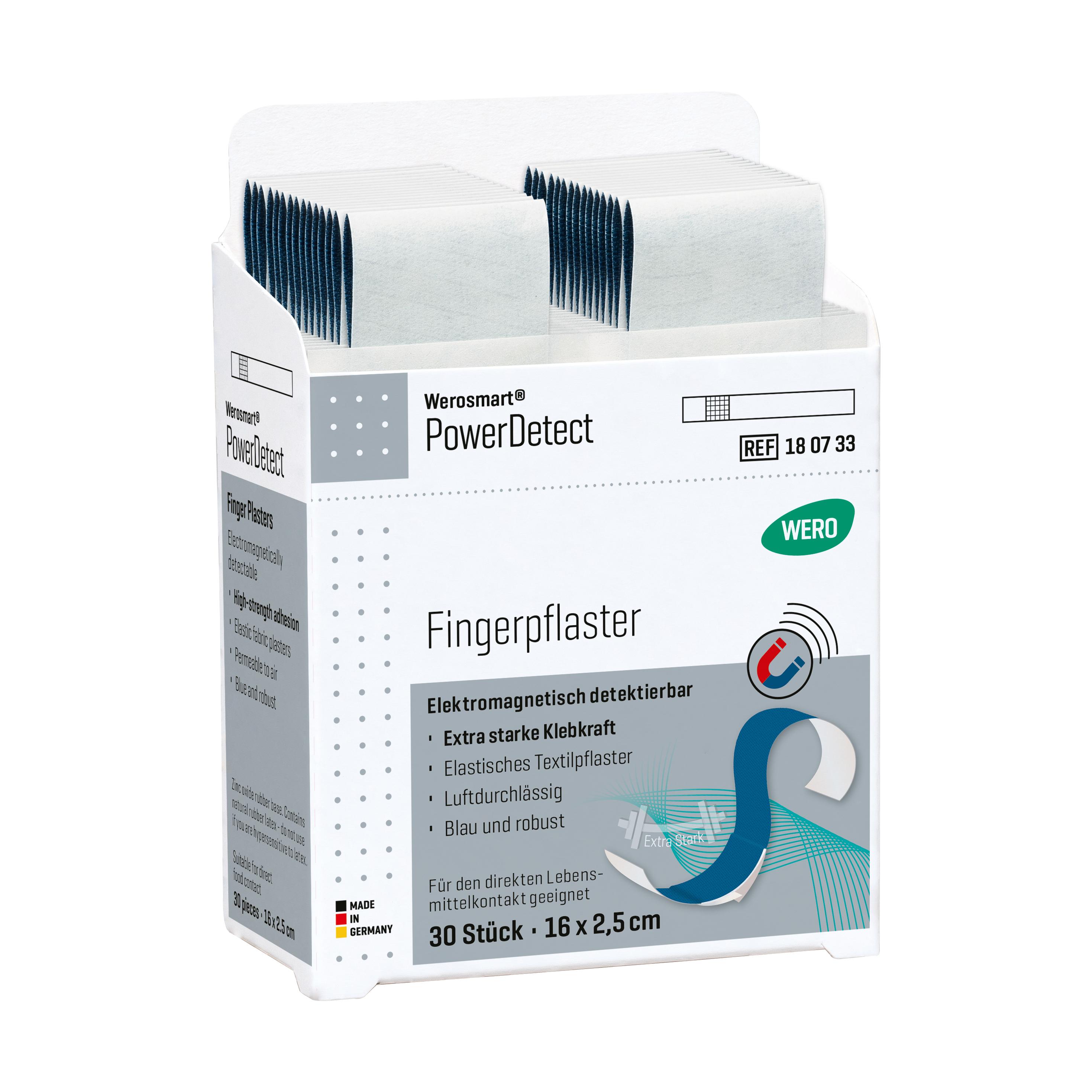 Weiße Box mit Sichtfenster und Aufschrift Werosmart® PowerDetect Pflasterspender-Einsätze Fingerpflaster, elektromagnetisch detektierbar, extra starke Klebkraft.