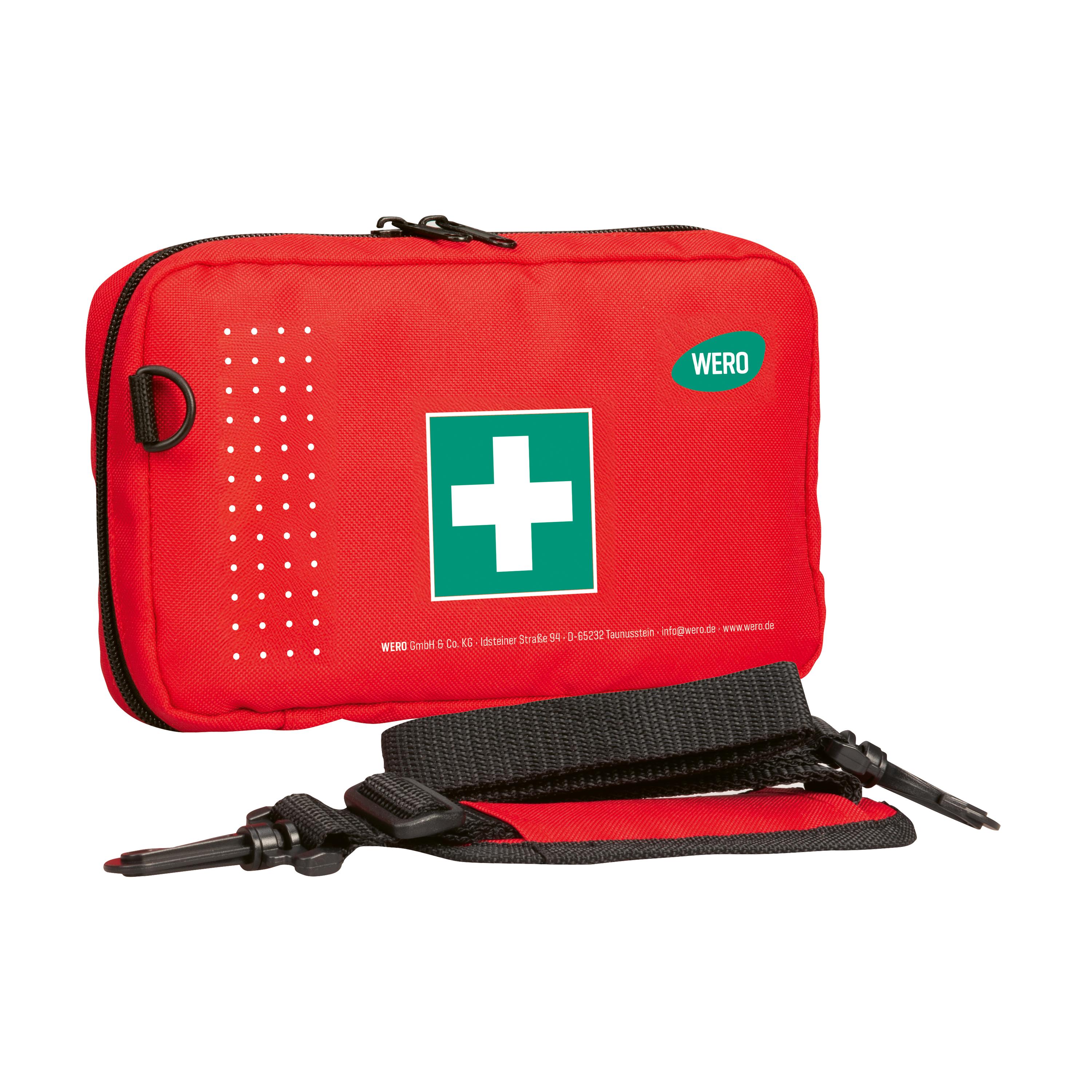 Rote WERO Erste-Hilfe-Tasche - leer mit weißem Kreuz-Symbol, schwarzem Reißverschluss und verstellbarem schwarzen Tragegurt, Swiss-Cross vorne.