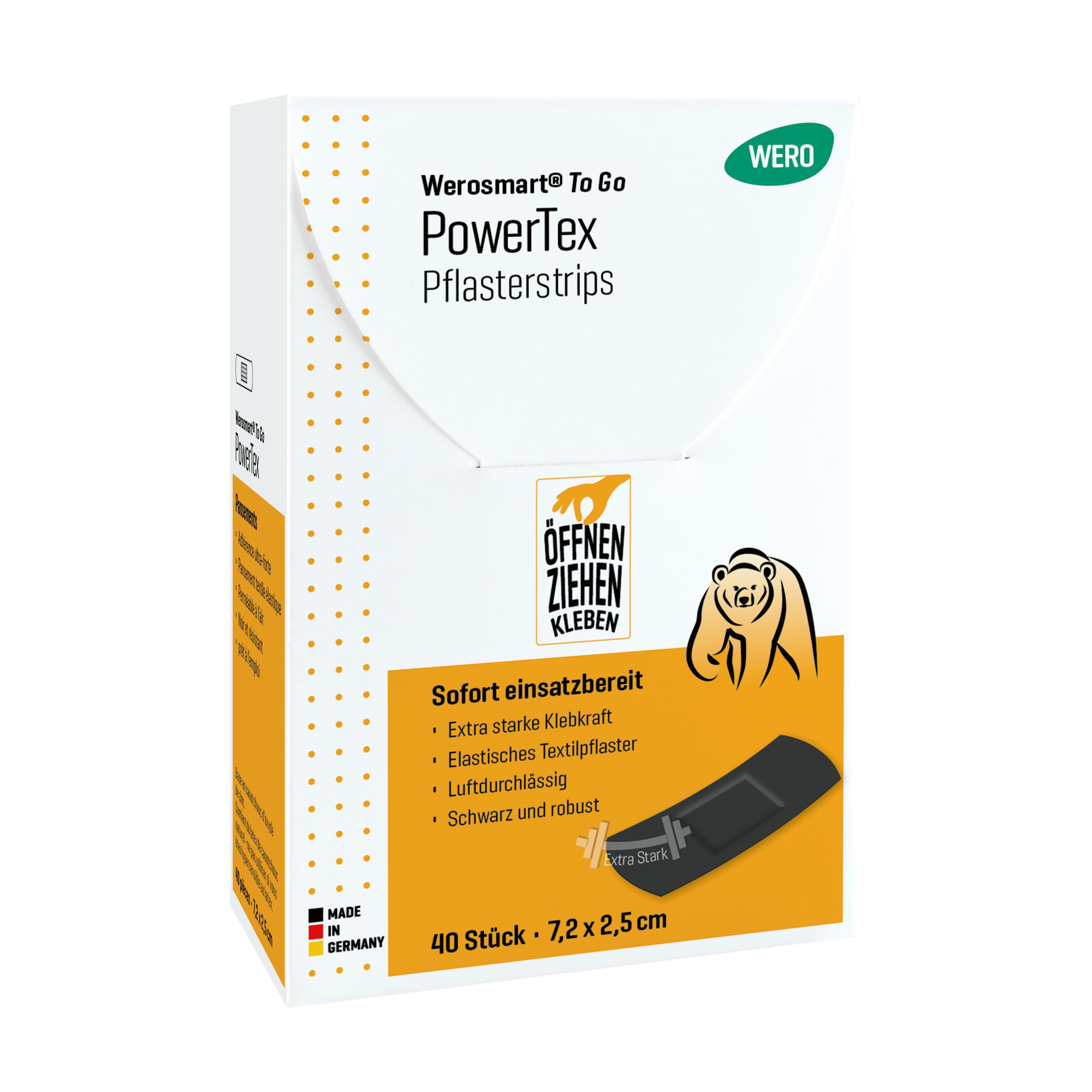 Weiße Box Werosmart® To Go PowerTex Sofortpflaster - Pflasterstrips mit gelb-orangefarbener Bärenetikett, 40 elastische, extra stark haftende Pflasterstrips.