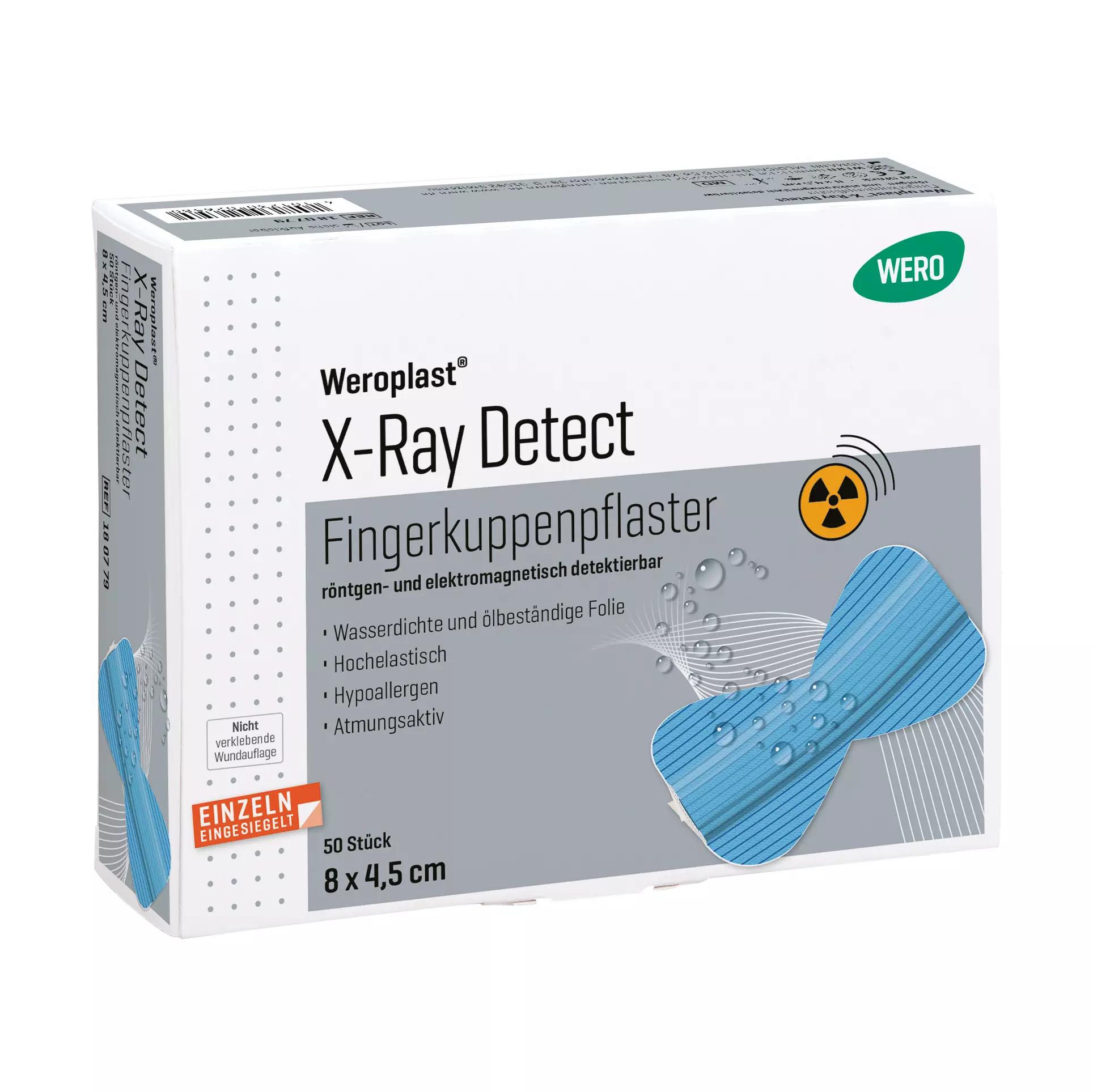 Weiße Verpackung des Fingerkuppenpflaster Weroplast X-Ray Detect mit blauem Etikett, gelbem Röntgensymbol und Angabe von 50 Stück à 8 x 4,5 cm.