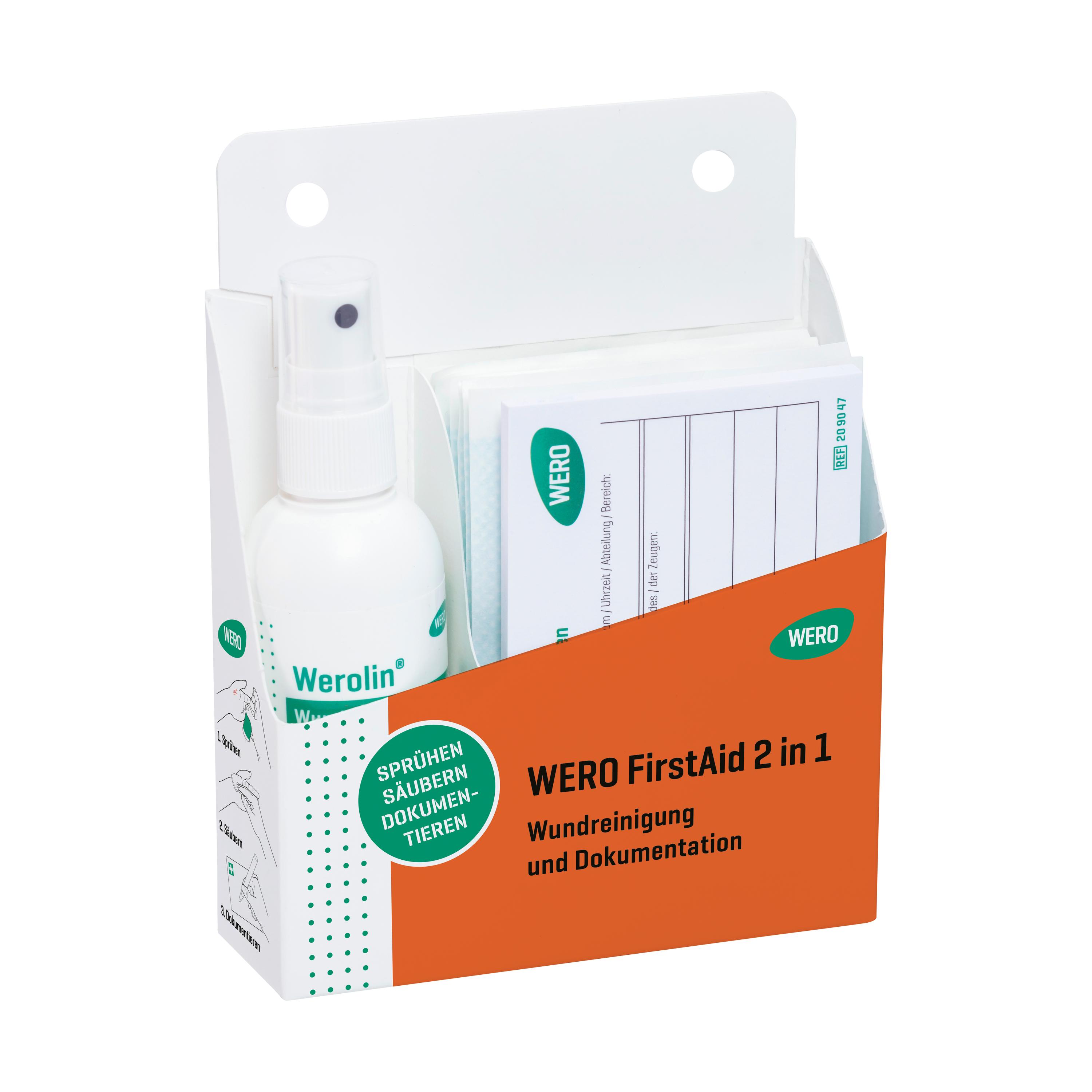 Weiß-orangefarbene Verpackung WERO FirstAid 2 in 1 - Wundreinigung und Dokumentation mit Tragegriff, Anleitung und Sprayflasche im Set.