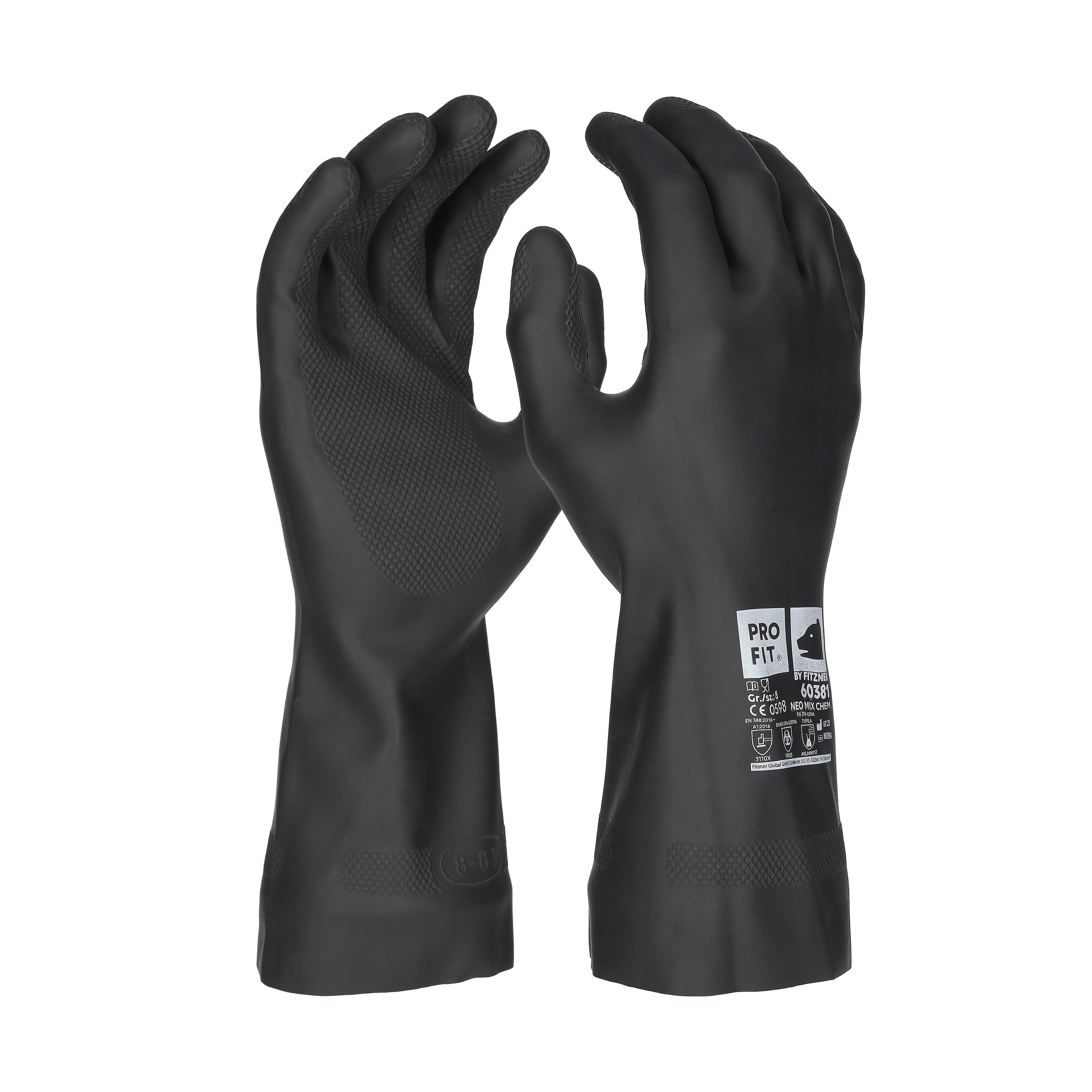 Eine einzelne schwarze Hand trägt den Chemikalienschutzhandschuh Neopren 30 mit flexiblem Neopren-Latex-Material und Wabenprofil für optimalen Grip.