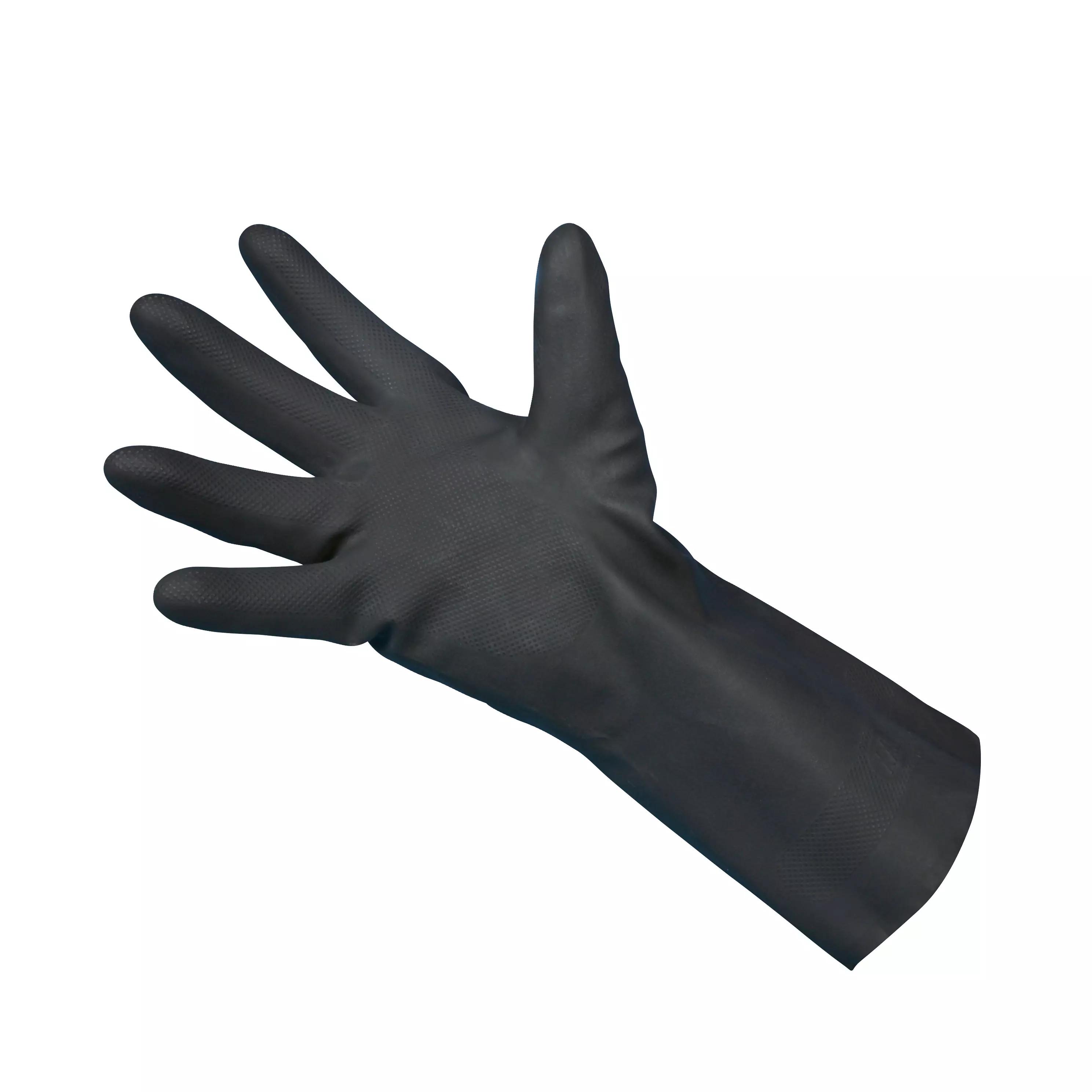 Eine einzelne schwarze Hand trägt den Chemikalienschutzhandschuh Neopren 30 mit flexiblem Neopren-Latex-Material und Wabenprofil für optimalen Grip.