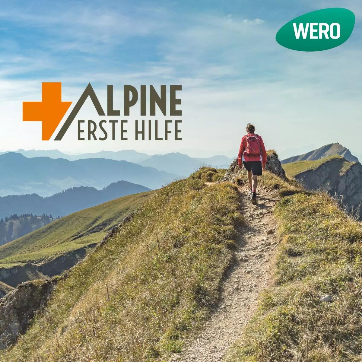 Ein Wanderer mit roter Jacke trägt das Alpine Erste Hilfe Set - Standard Basic auf einem Bergpfad, geeignet für schnelle, leichte Versorgung.