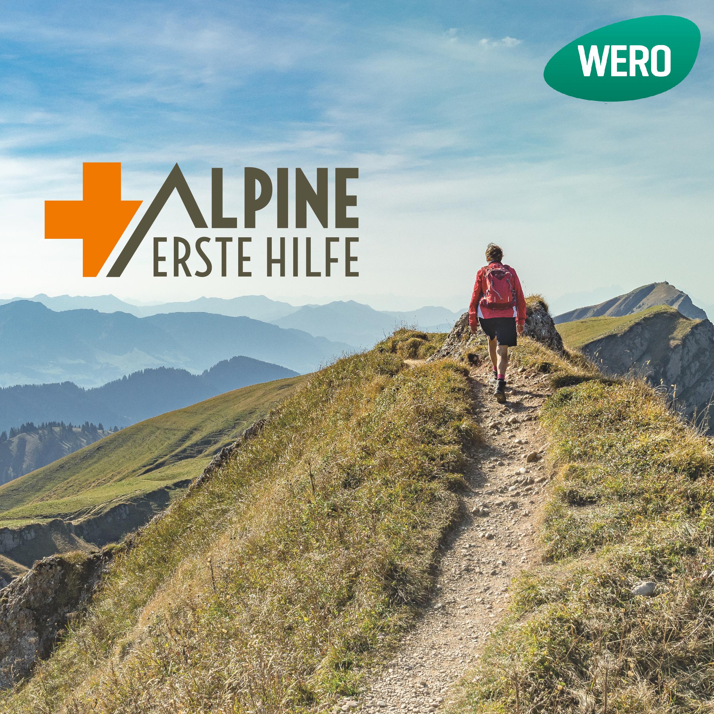 Ein Wanderer mit roter Jacke trägt das Alpine Erste Hilfe Set - Standard Basic auf einem Bergpfad, geeignet für schnelle, leichte Versorgung.
