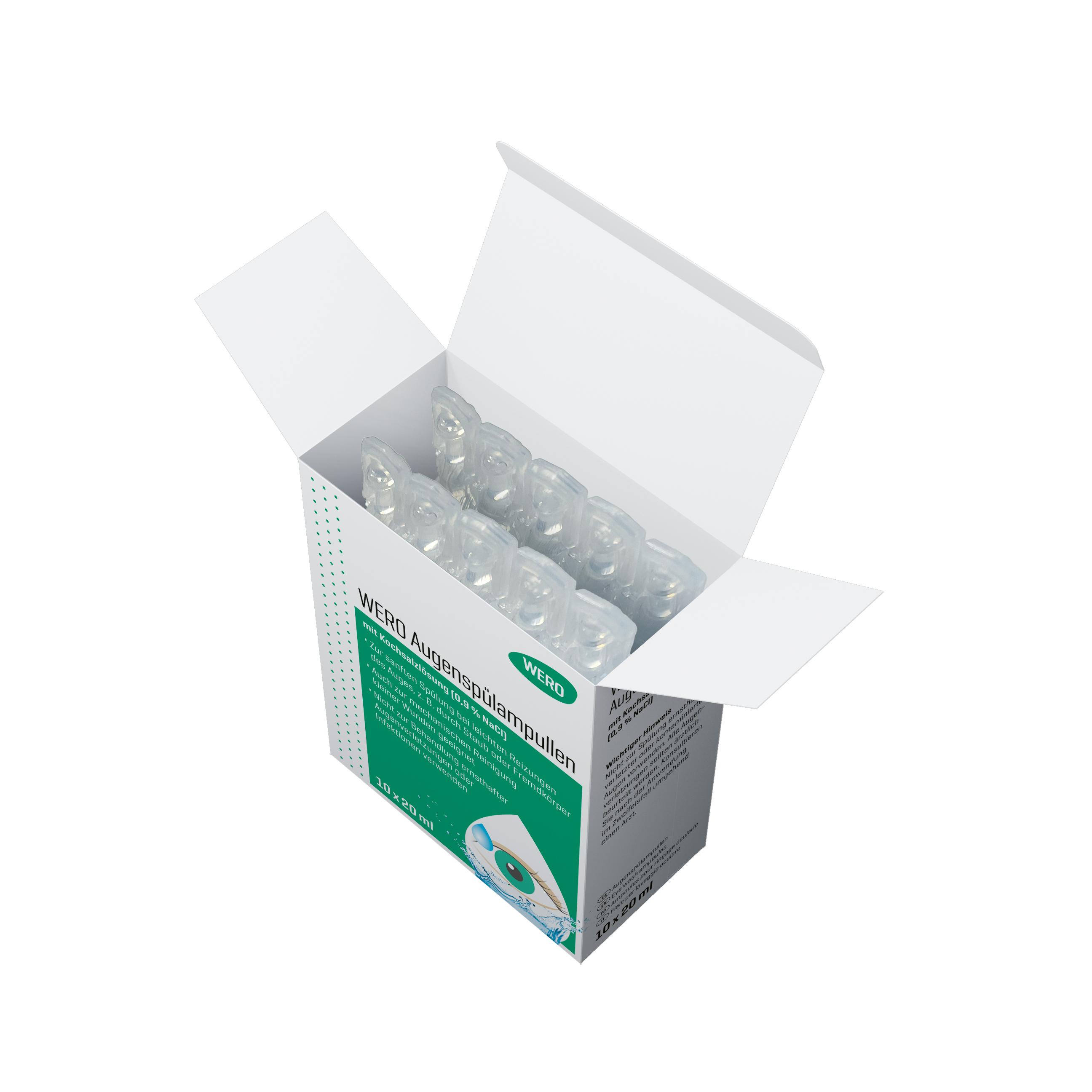 WERO Augenspülampullen, 10 x 20 ml in geöffneter Box, sichtbar sind mehrere transparente Ampullen zur Reinigung bei Verschmutzungen durch Partikel und Staub.