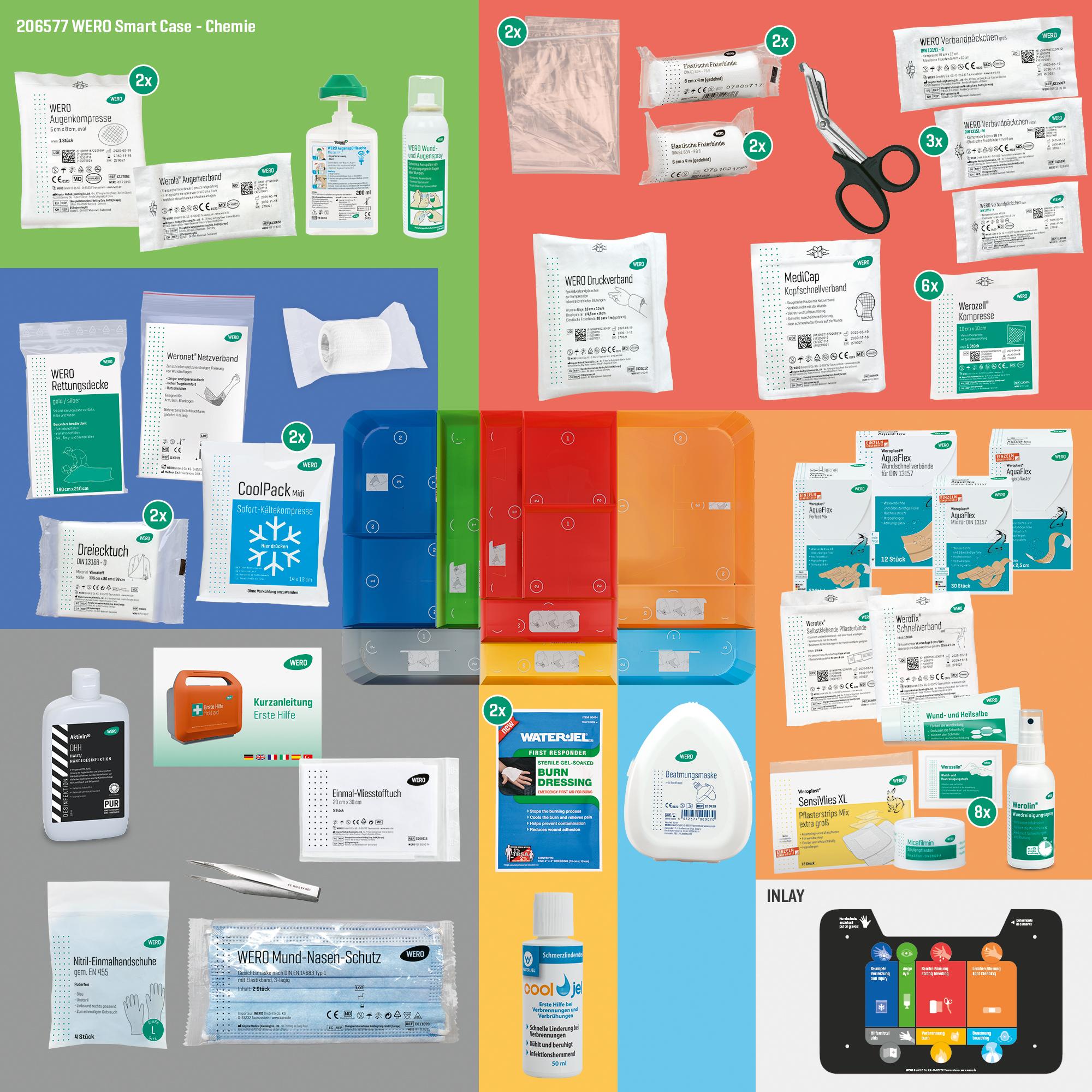 Mehrere WERO Smart Case® - Erste-Hilfe-Koffer DIN 13157 - Chemie mit Verbandmaterial, Augenspüllösungen, Schere und Zubehör für Laborunfälle.