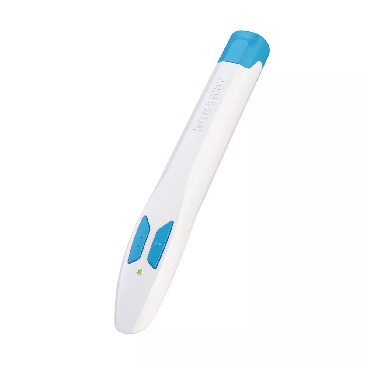 Ein aufrecht stehender Stichheiler bite away® two mit ergonomischer blauer Form, zwei seitlichen Tasten und grünem Kontrolllicht.