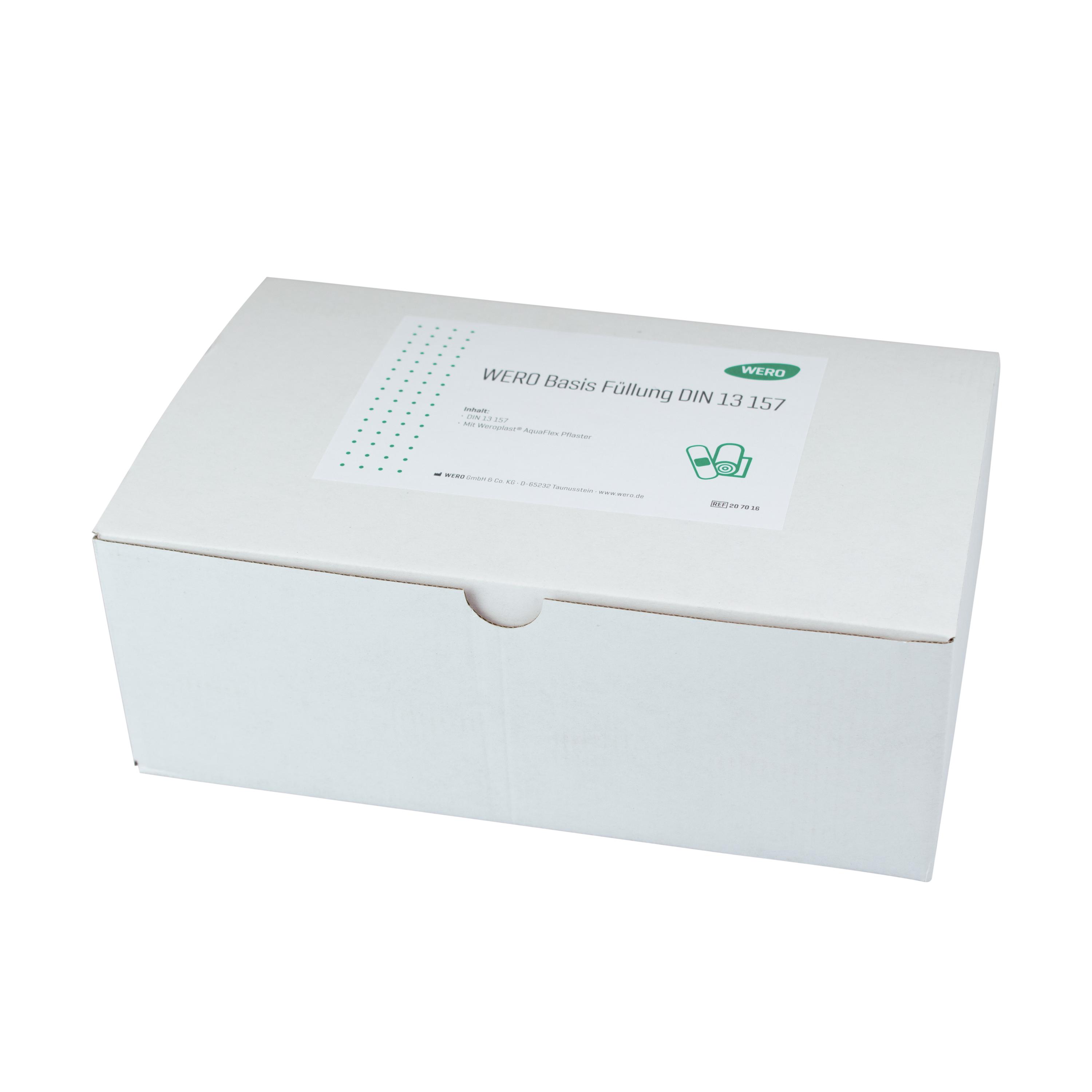 Weiße Box WERO Basis Füllung DIN 13157 mit grünem Aufdruck, kleiner Kreisöffnung oben und Weroplast® AquaFlex Pflastern enthalten