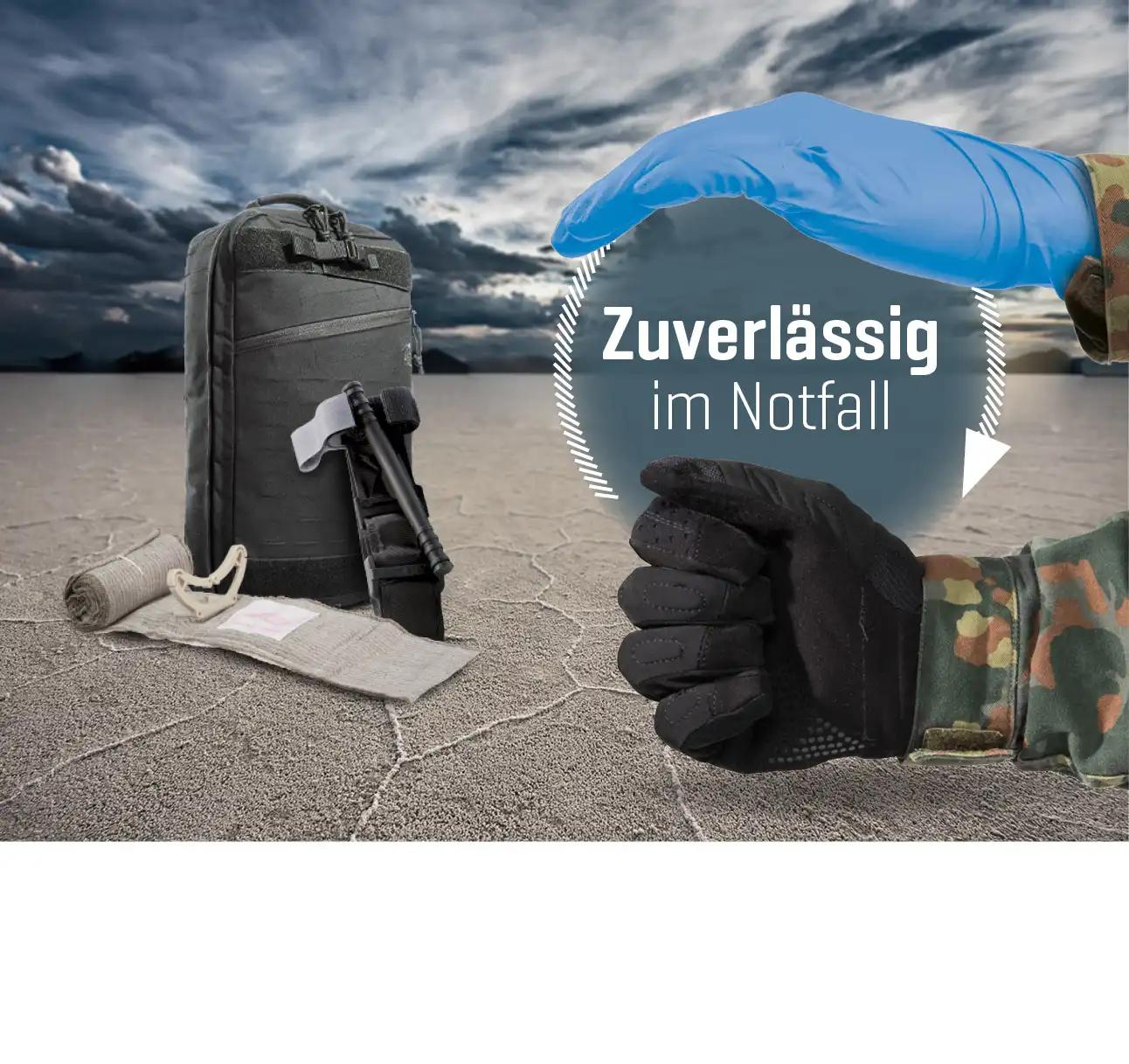 Übersicht Geschäftsfeld Taktische Notfallausrüstung. Abbildung Notfallrucksack Tasmanian Tiger, Tourniquet und Emergency Bandage. Schriftzug "Zuverlässig im Notfall"