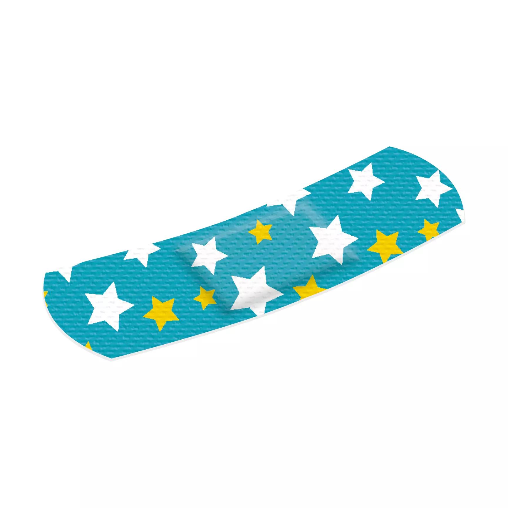 Ein einzelner Pflasterstrip Weroplast® FunkelStern für Kinder mit türkisfarbenem, strukturiertem Untergrund und weißen Sternen mit gelben Zentren.