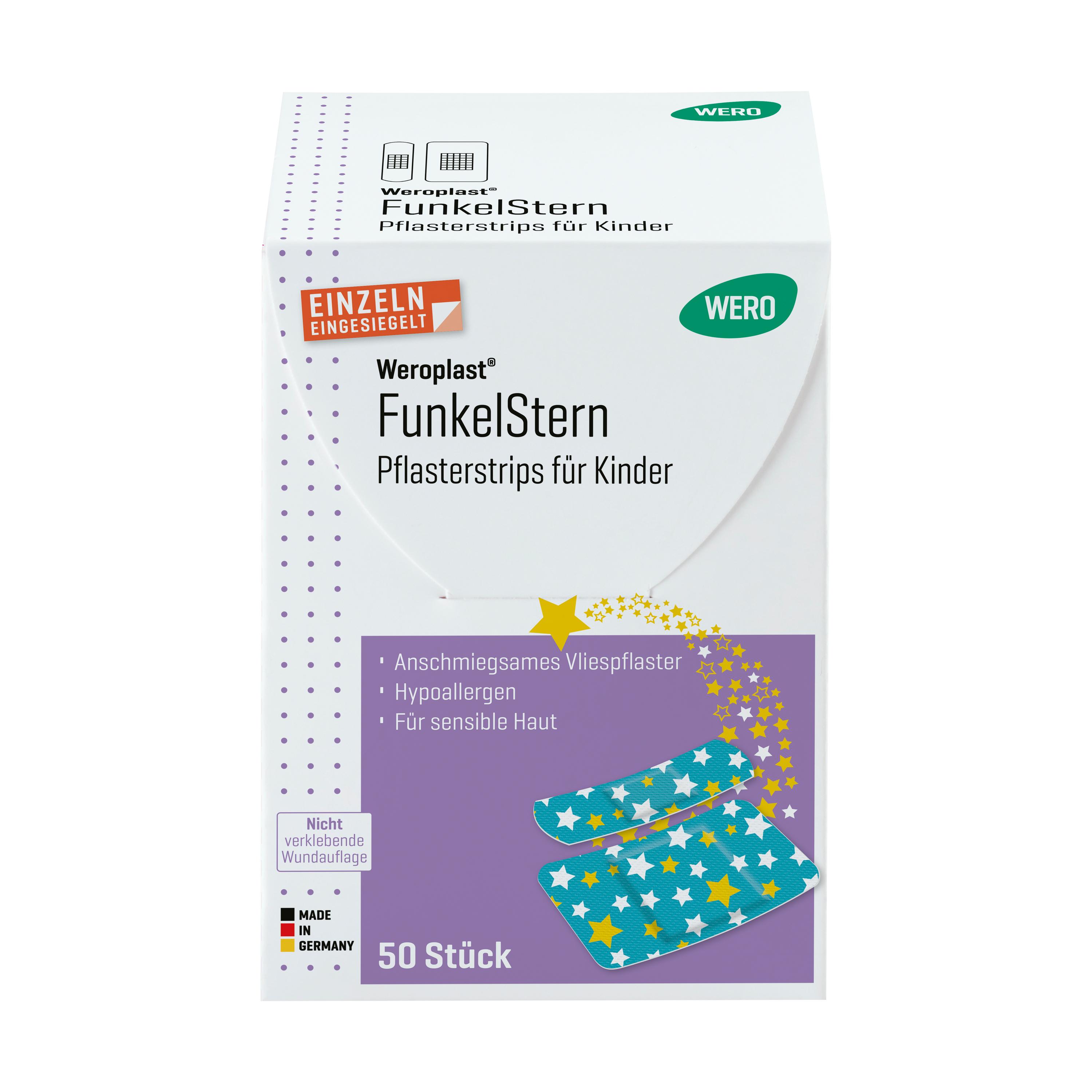 Ein einzelner Pflasterstrip Weroplast® FunkelStern für Kinder mit türkisfarbenem, strukturiertem Untergrund und weißen Sternen mit gelben Zentren.