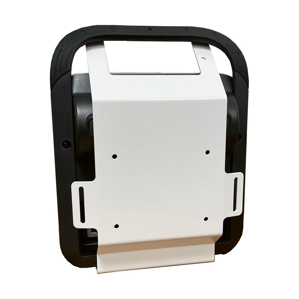 Wandhalterung für Defibrillator LIFEPAK CR2 mit Handgriff, rechteckige Metallplatte mit vier Befestigungslöchern auf schwarzem Rahmen mit Griff.