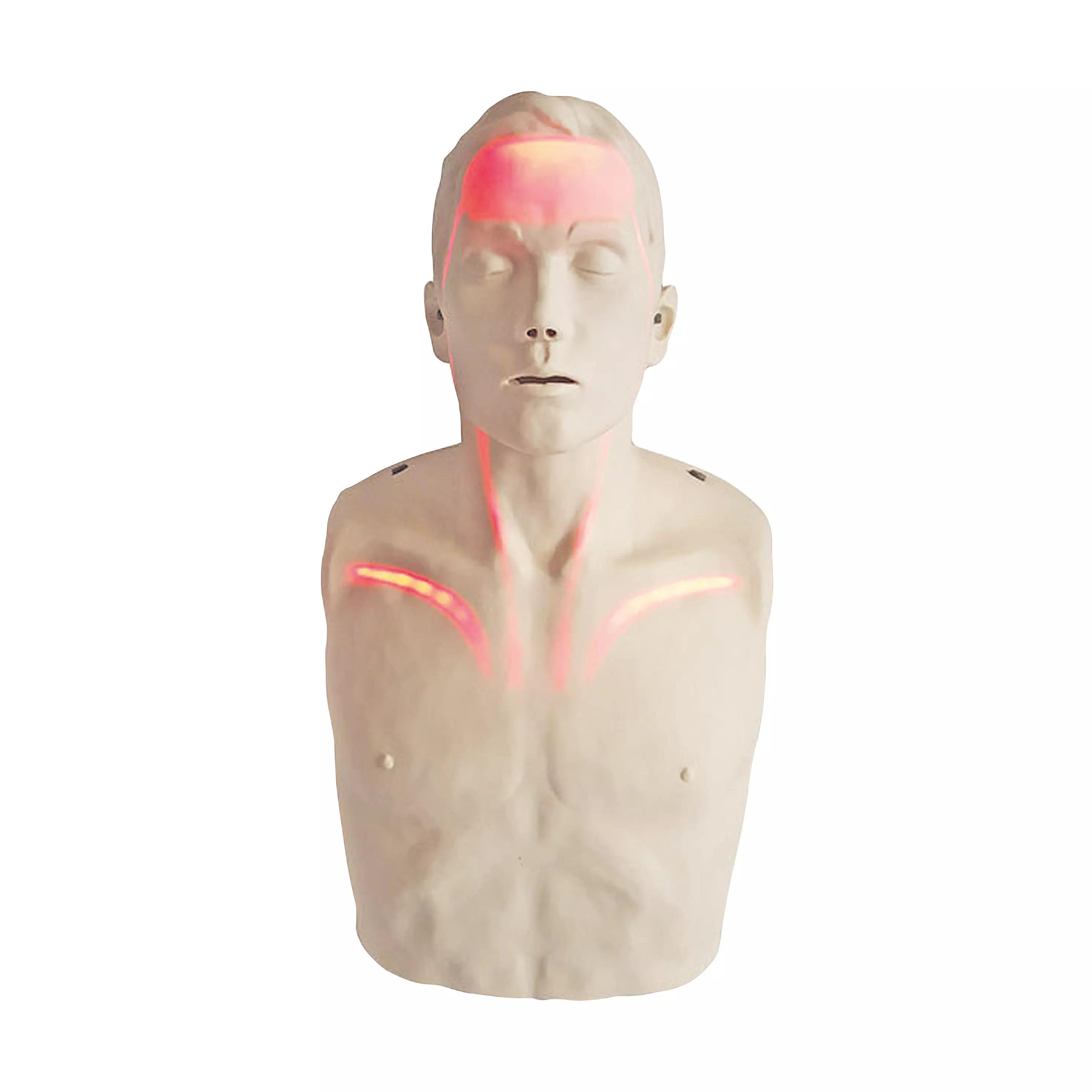 Der BRAYDEN Reanimationspuppe LED Trainingsdummy in neutraler Pose zeigt leuchtende rote LEDs an Brust, Hals und Stirn zur HLW-Visualisierung.