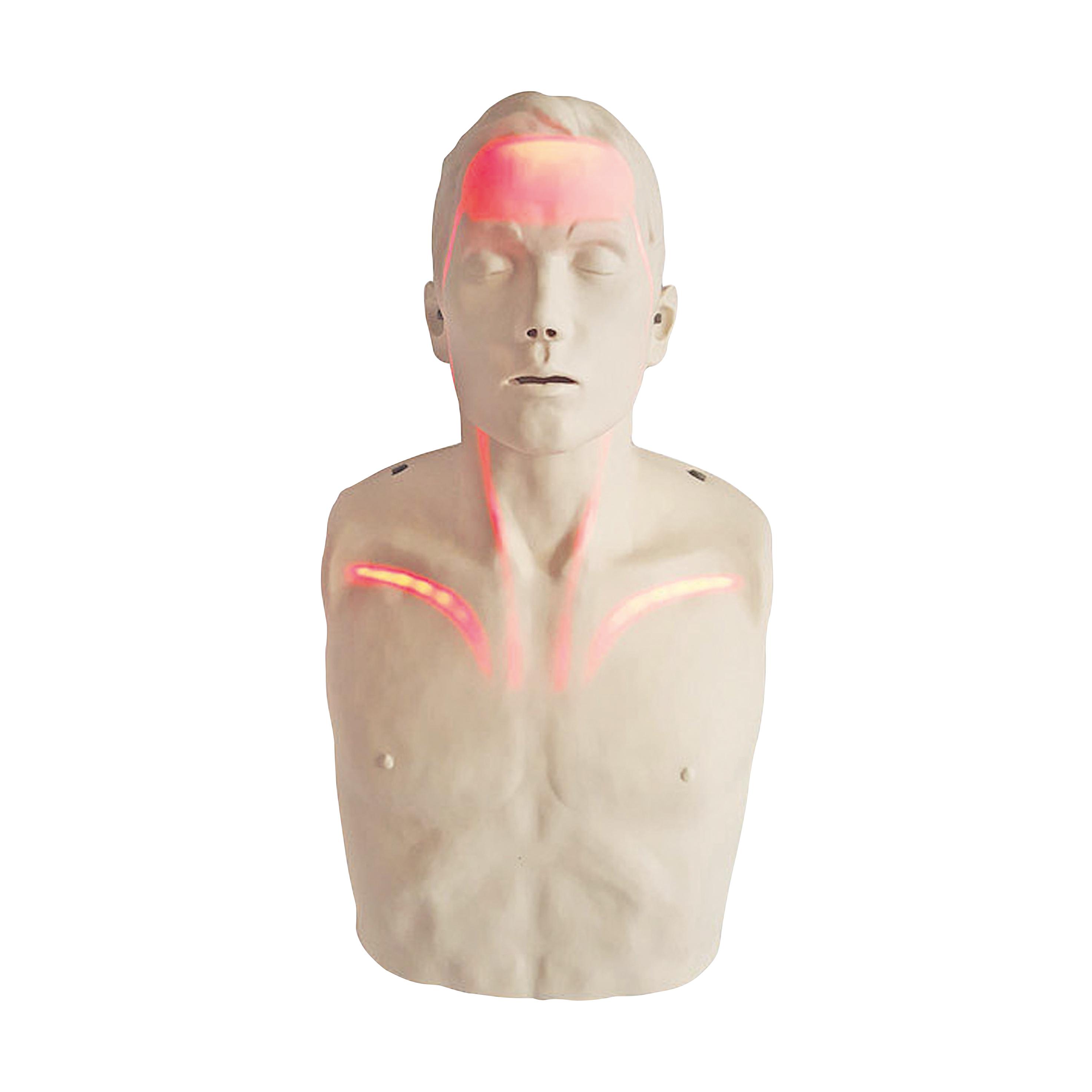 Der BRAYDEN Reanimationspuppe LED Trainingsdummy in neutraler Pose zeigt leuchtende rote LEDs an Brust, Hals und Stirn zur HLW-Visualisierung.