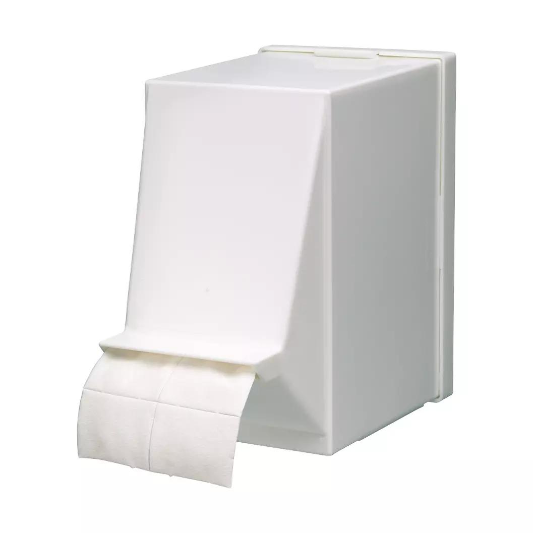 Ein weißer Spenderbox für Zellstofftupfer, leer, aus robustem Kunststoff, zur Wandmontage und für Rollen bis 8 cm Durchmesser geeignet.