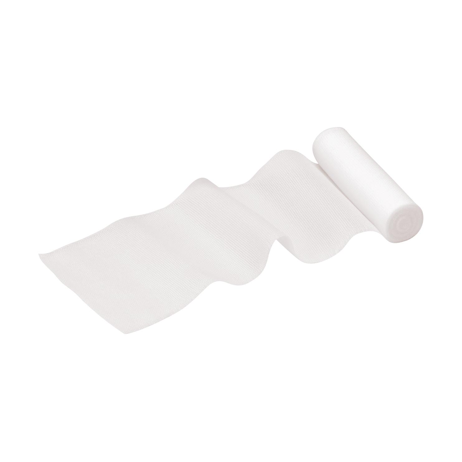 Eine aufgerollte Mullbinde Elastische Fixierbinde DIN 61634, 8 cm breit, aus dehnbarem, weichem und luftdurchlässigem Gewebe.