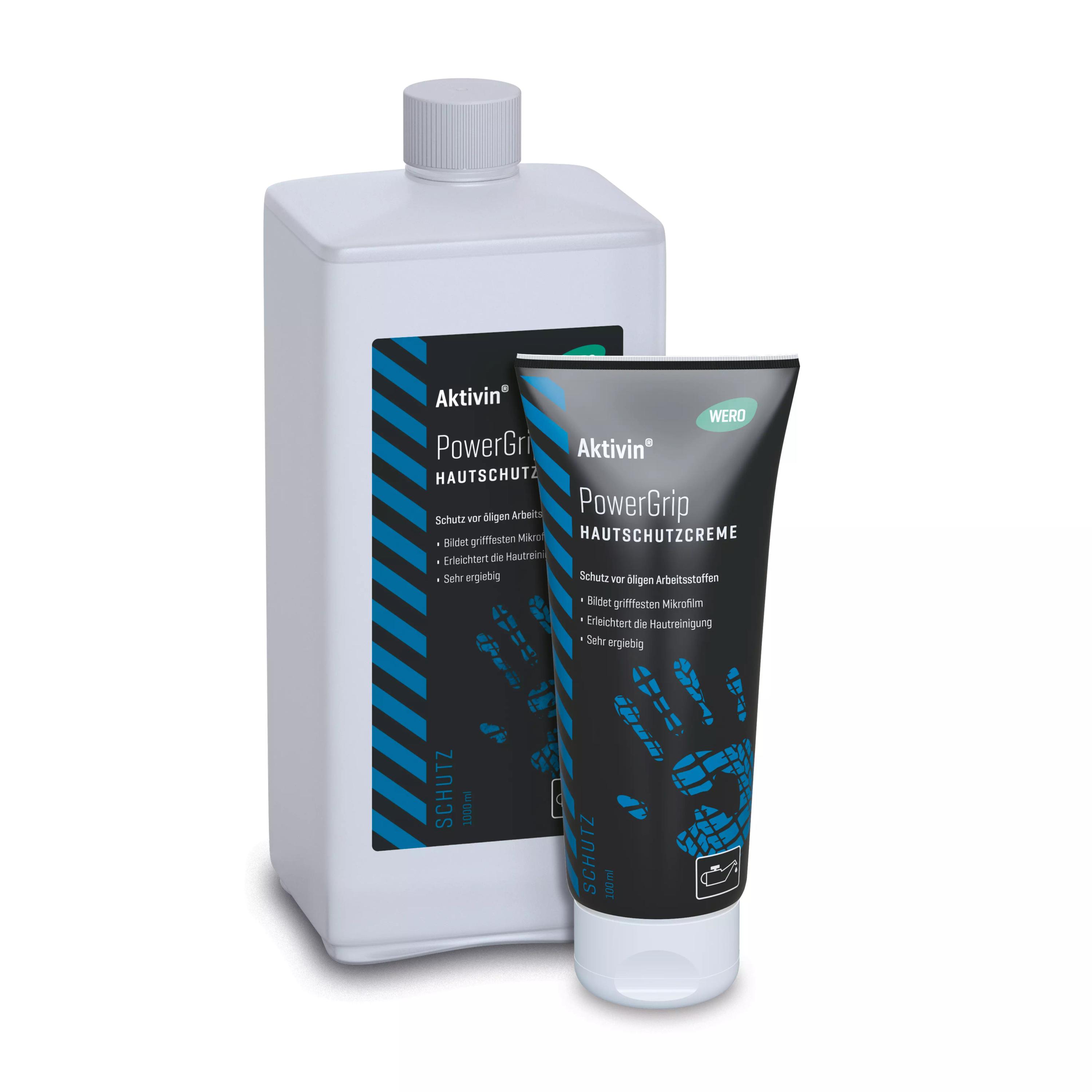 Weiße Euroflasche und schwarze Tube Hautschutzcreme Aktivin® PowerGrip mit blauen und schwarzen Etiketten, beide stehend, nebeneinander platziert.