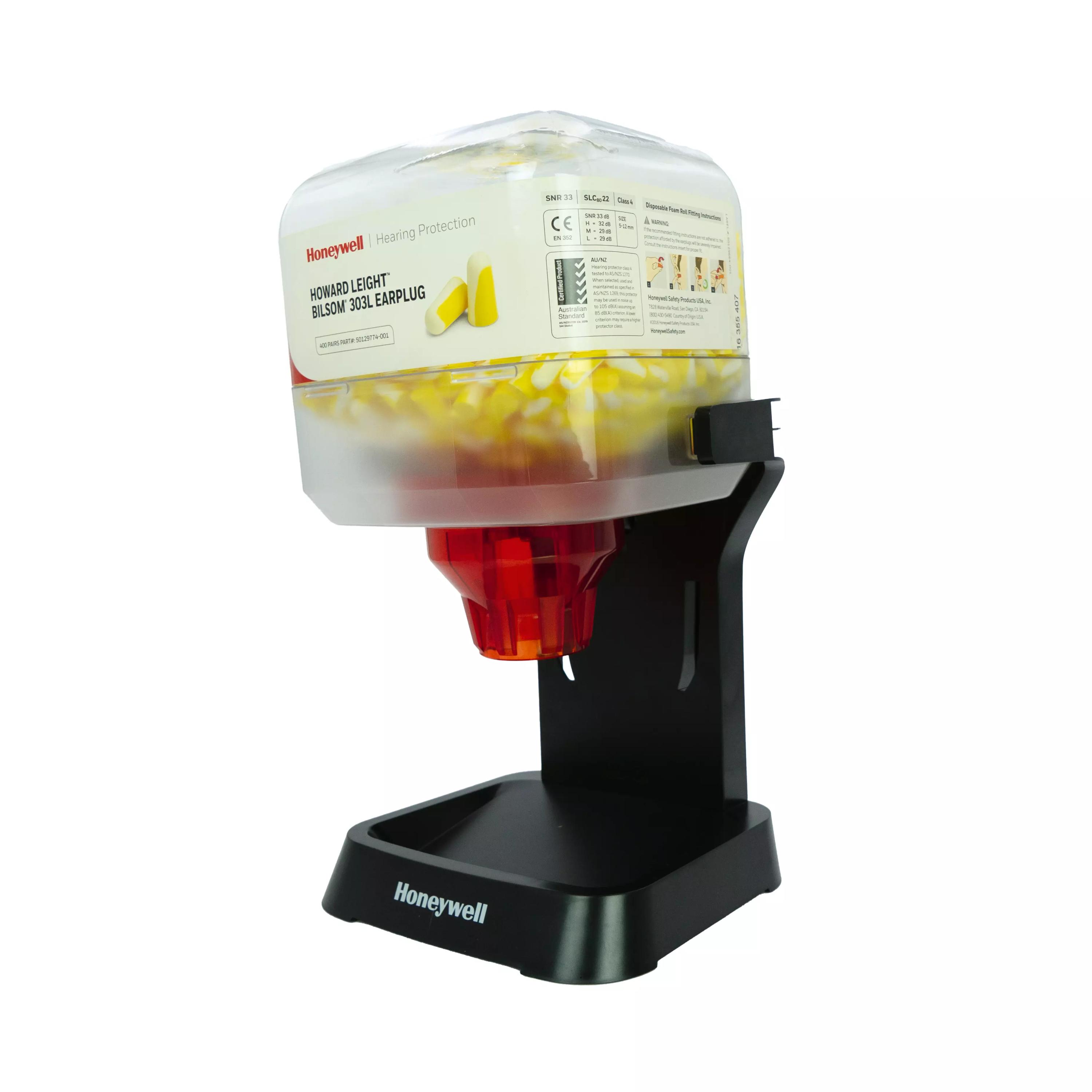 Ein Gehörschutzspender HL400 von Honeywell auf schwarzem Standfuß, oben gefüllt mit gelb-weiß gestreiften Bilsom® 303-L Gehörschutzstöpseln aus Polyurethanschaum.