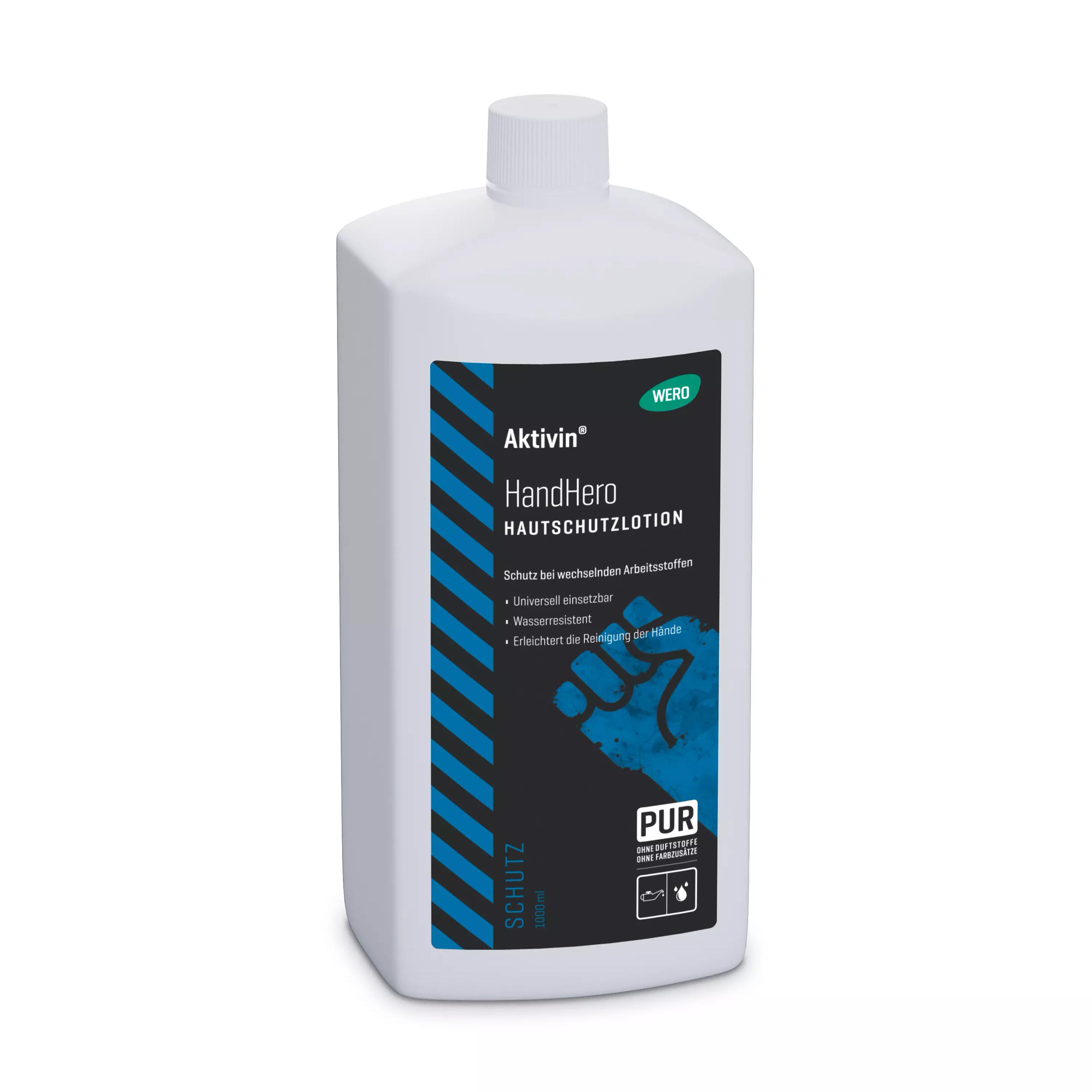 Eine weiße Flasche Hautschutzlotion Aktivin® HandHero - Euroflasche, 1.000 ml mit schwarzer Etikette und blauem Streifen sowie grünem WERO-Logo.