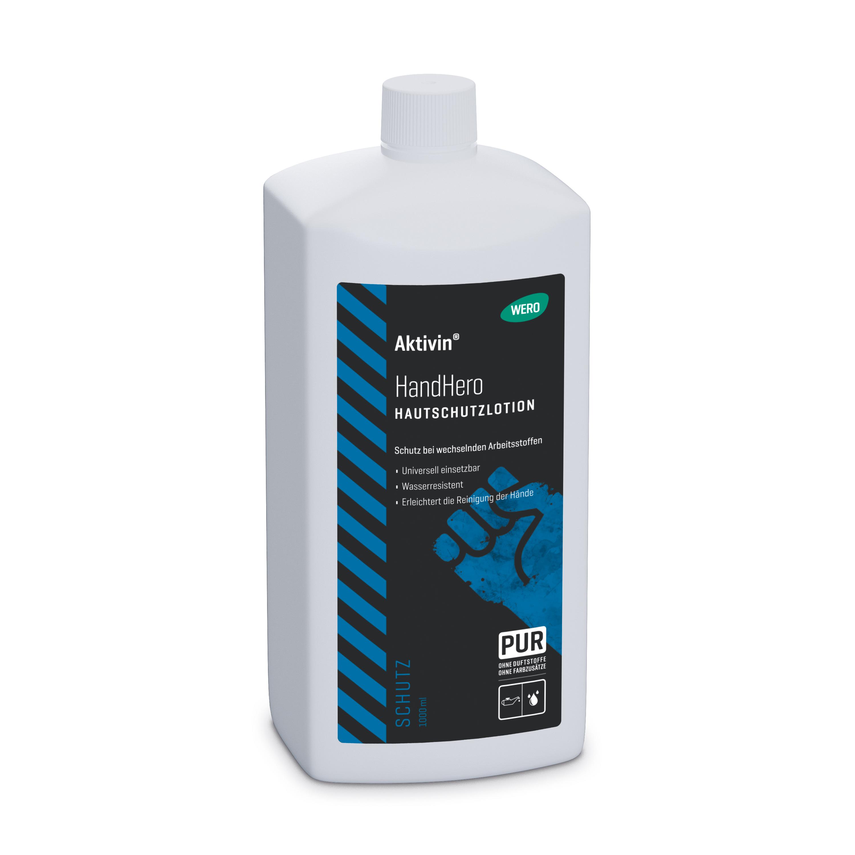 Eine weiße Flasche Hautschutzlotion Aktivin® HandHero - Euroflasche, 1.000 ml mit schwarzer Etikette und blauem Streifen sowie grünem WERO-Logo.
