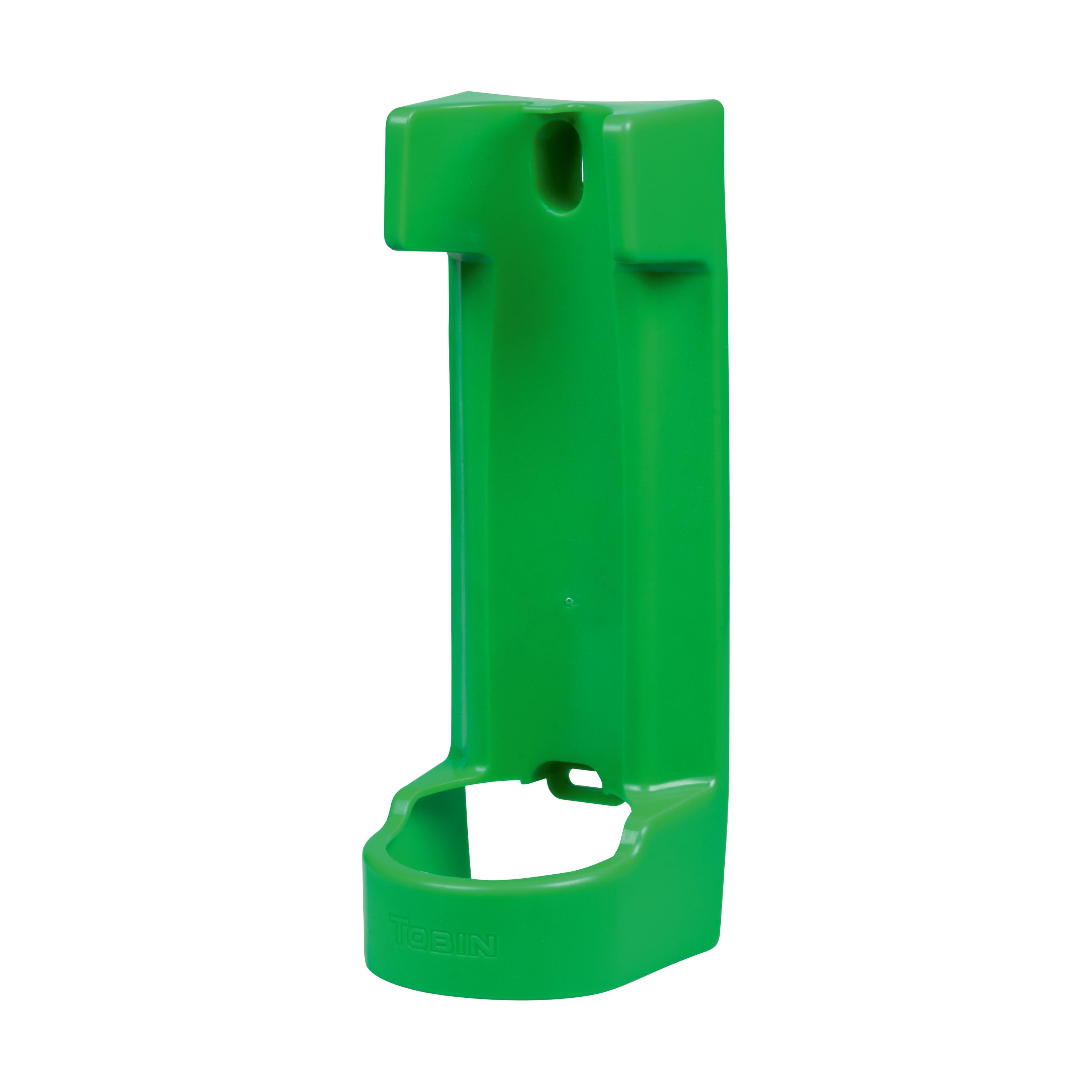 Grüne Wandhalterung für Augenspülflasche P 5 / A 5 aus Kunststoff mit Befestigungsloch und gebogenem Halterand zur Flaschenaufnahme