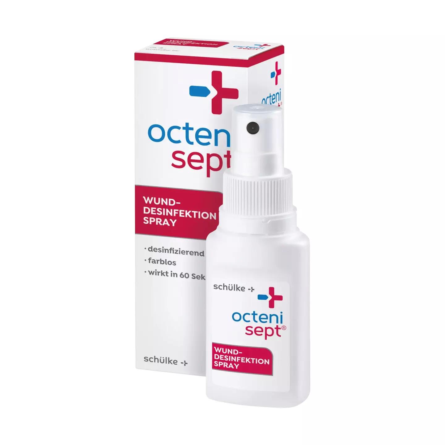 Weiße Sprühflasche Octenisept Wund-Desinfektion Spray mit passender weißer Verpackung und gut lesbarem Produktaufdruck.