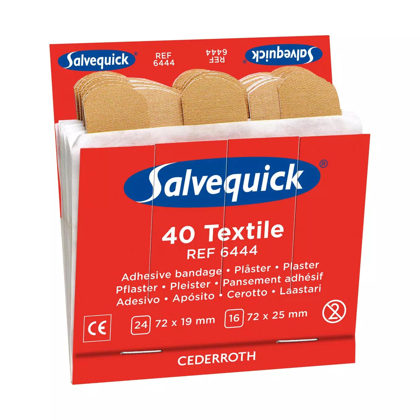 Offene Box Salvequick® Pflasterstrips, elastisch, Refill 6444, mit 40 hautfarbenen Pflastern zur schnellen Entnahme enthalten.