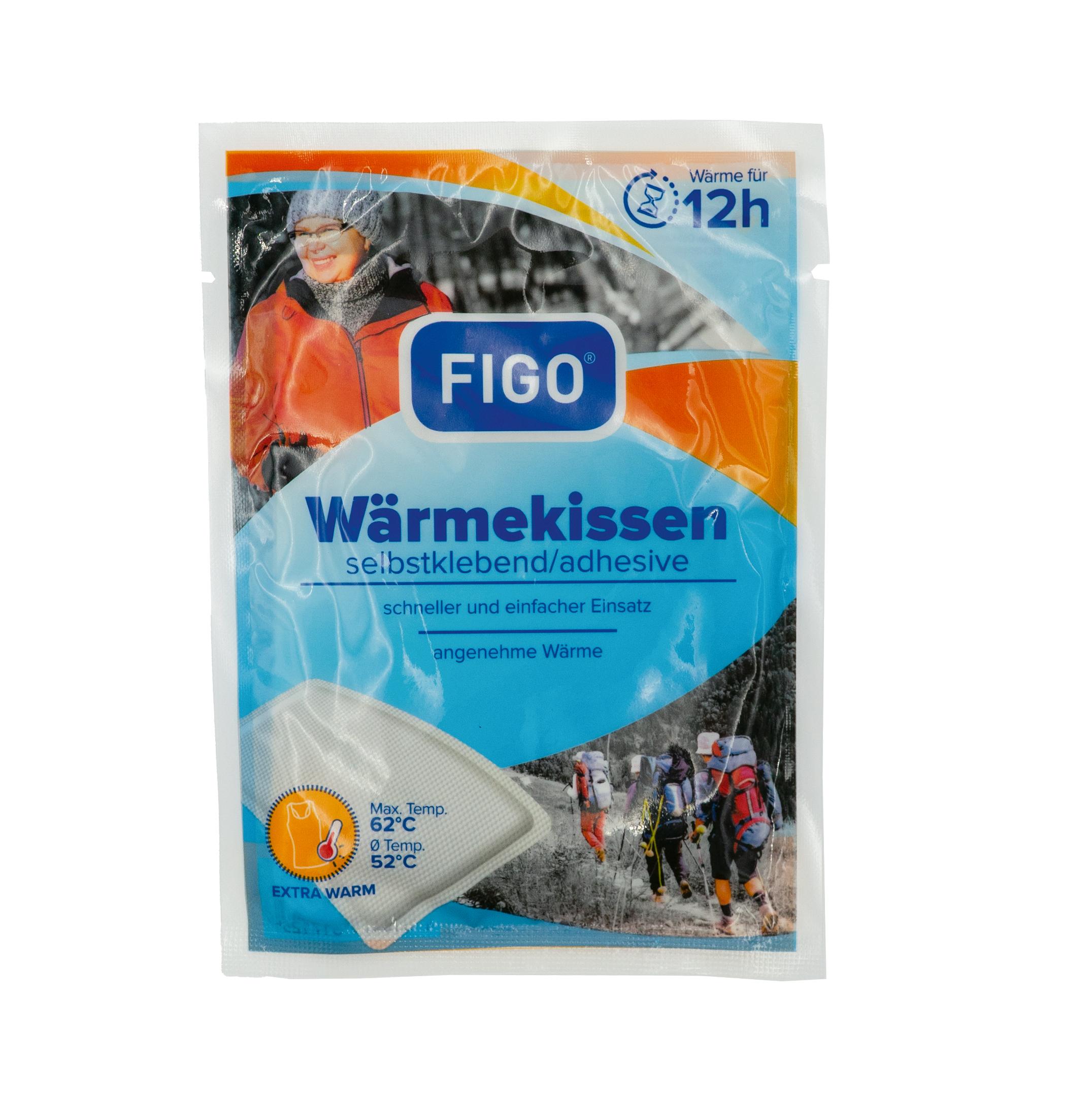 FIGO® Wärmekissen - Standard Verpackung mit blau-orangefarbenem Design, selbstklebend, wärmt bis zu 12 Stunden für den Außeneinsatz.