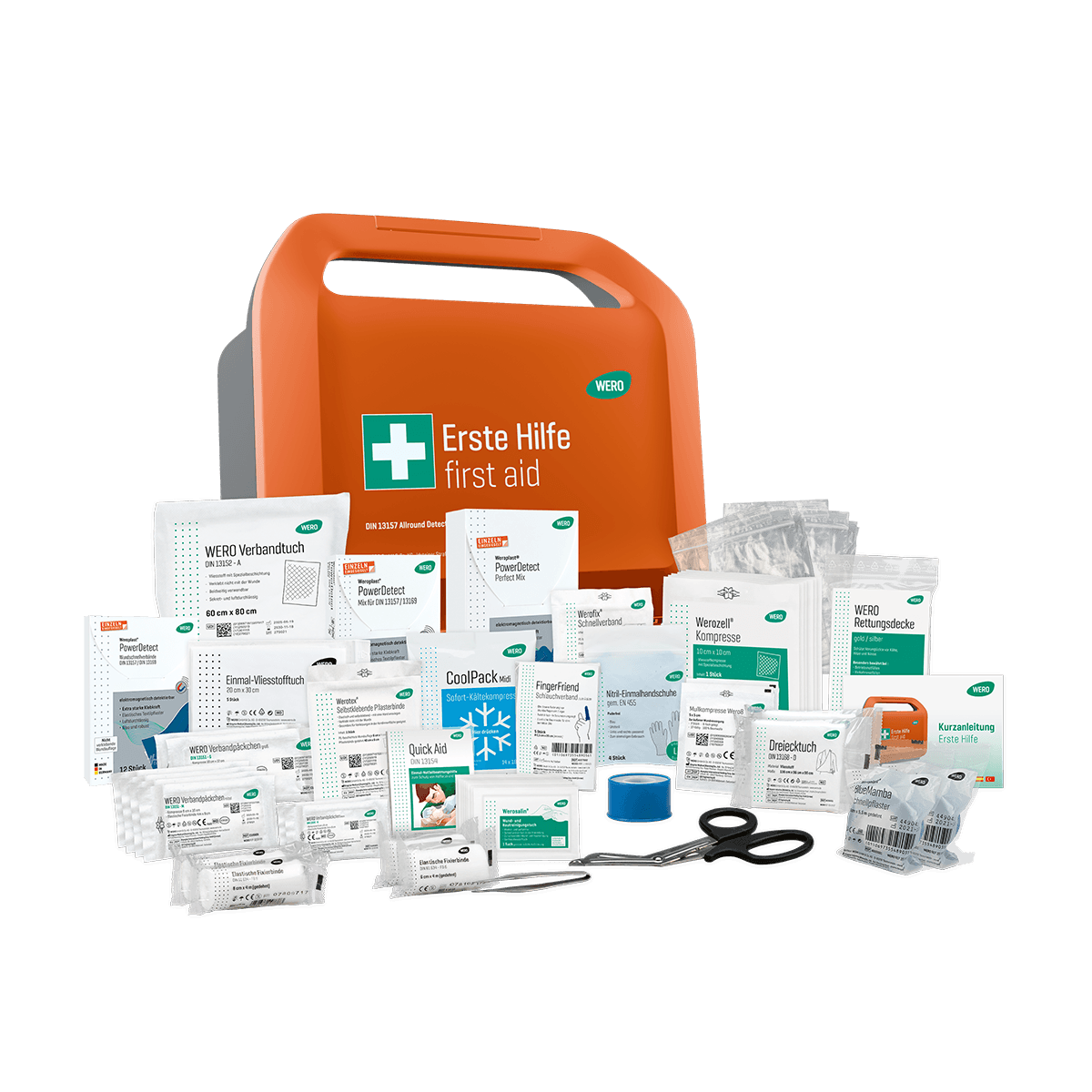 Ein orangefarbener WERO Smart Case® - DIN 13157 erweitert - Allround, detektierbar Erste-Hilfe-Koffer mit Verbandbuch, Schere und versiegelten Pflastersets.