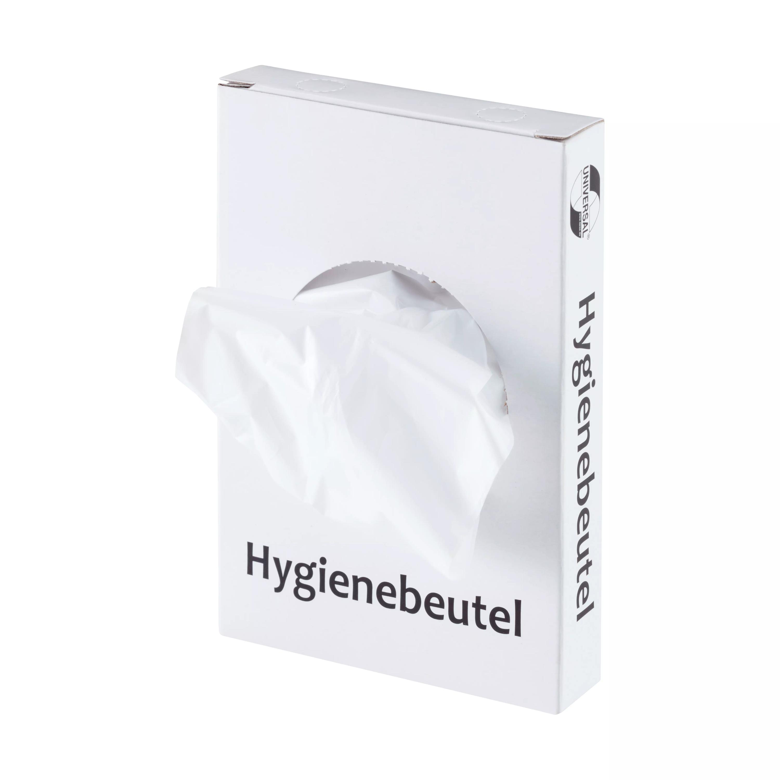 Eine weiße Schachtel Hygienebeutel HDPE, 30 Stk mit Sichtfenster zeigt den entnehmbaren weißen Beutel aus besonders flexiblem Kunststoff.