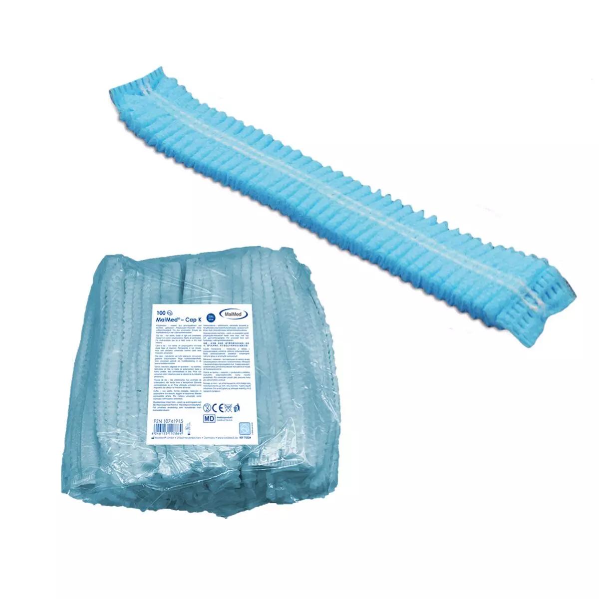 Packung Einweghaube, 100 Stk - Blau, nicht detektierbar; luftdurchlässige, flexible Hauben mit texturierter Oberfläche, hygienisch im Klarsichtbeutel verpackt.