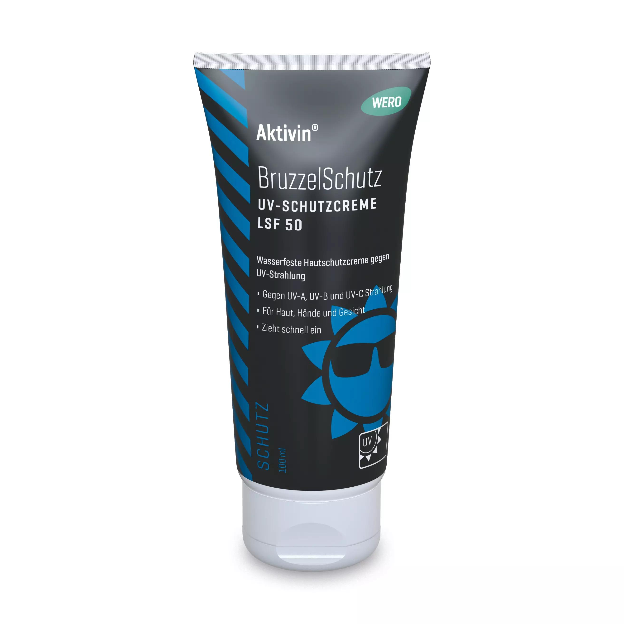 Eine stehende Tube UV-Schutzcreme Aktivin® BruzzelSchutz LSF 50, 100 ml mit wasserfester, schnell einziehender Konsistenz und hohem Lichtschutzfaktor.