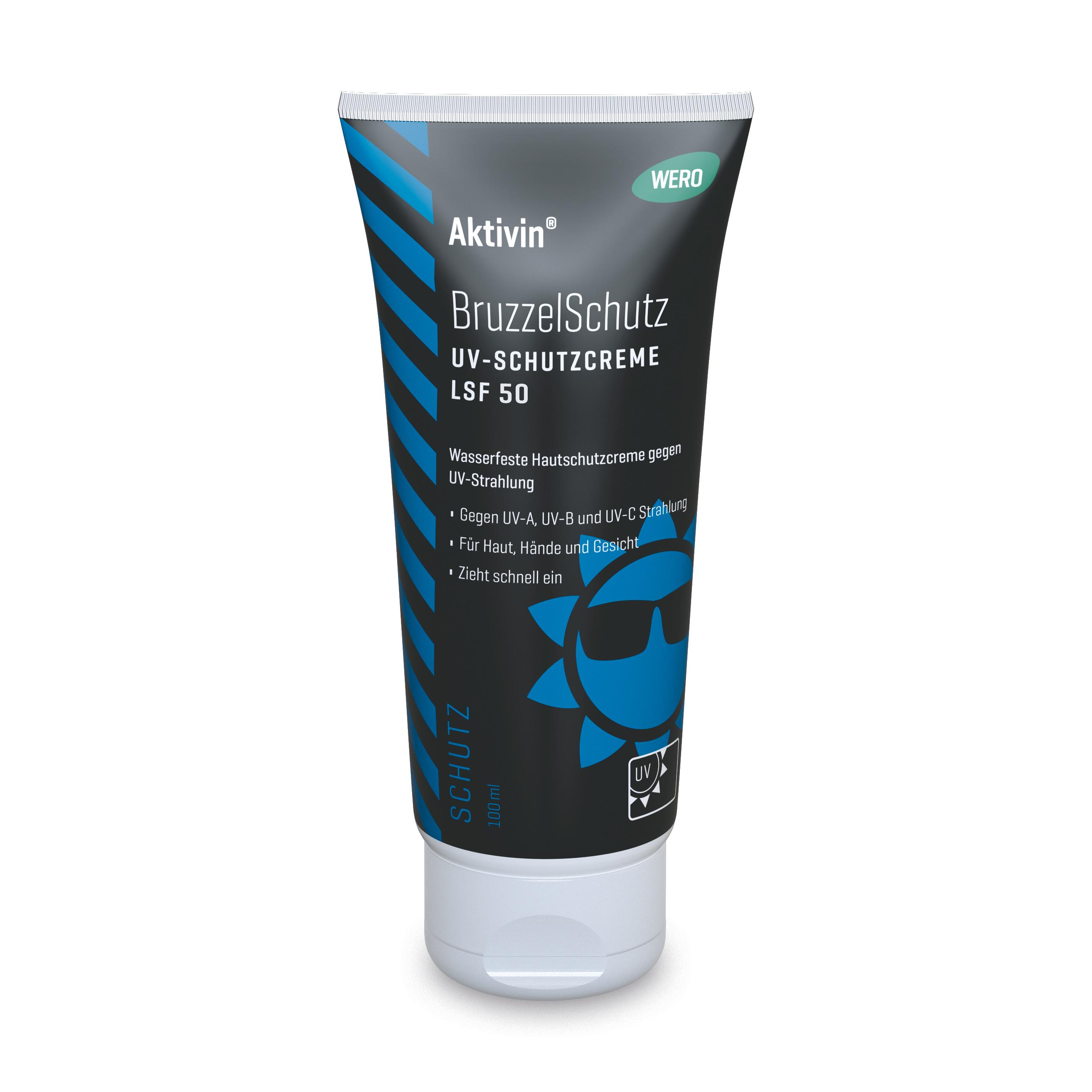 Eine stehende Tube UV-Schutzcreme Aktivin® BruzzelSchutz LSF 50, 100 ml mit wasserfester, schnell einziehender Konsistenz und hohem Lichtschutzfaktor.