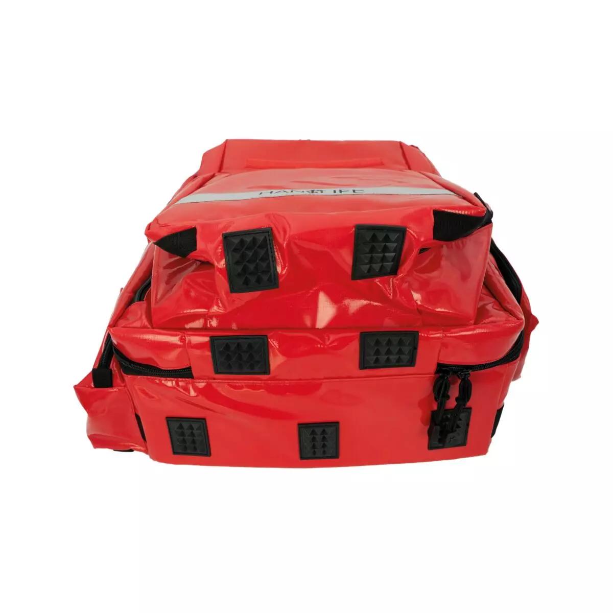 HAN-LIFE Rettungsrucksack PARAMEDIC PLUS aus rotem, PVC-beschichtetem Polyestergewebe mit mehreren Fächern, ca. 45 × 20 × 62 cm groß.