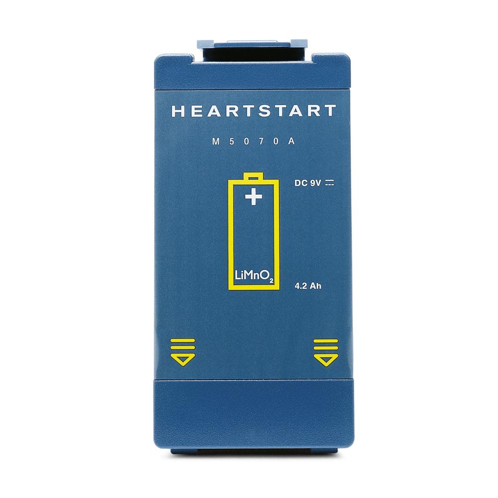 Langzeit-Batterie für HeartStart FRx & HeartStart Philips HS1 mit deutlich sichtbarem gelbem Batteriesymbol und 9V-Markierung.