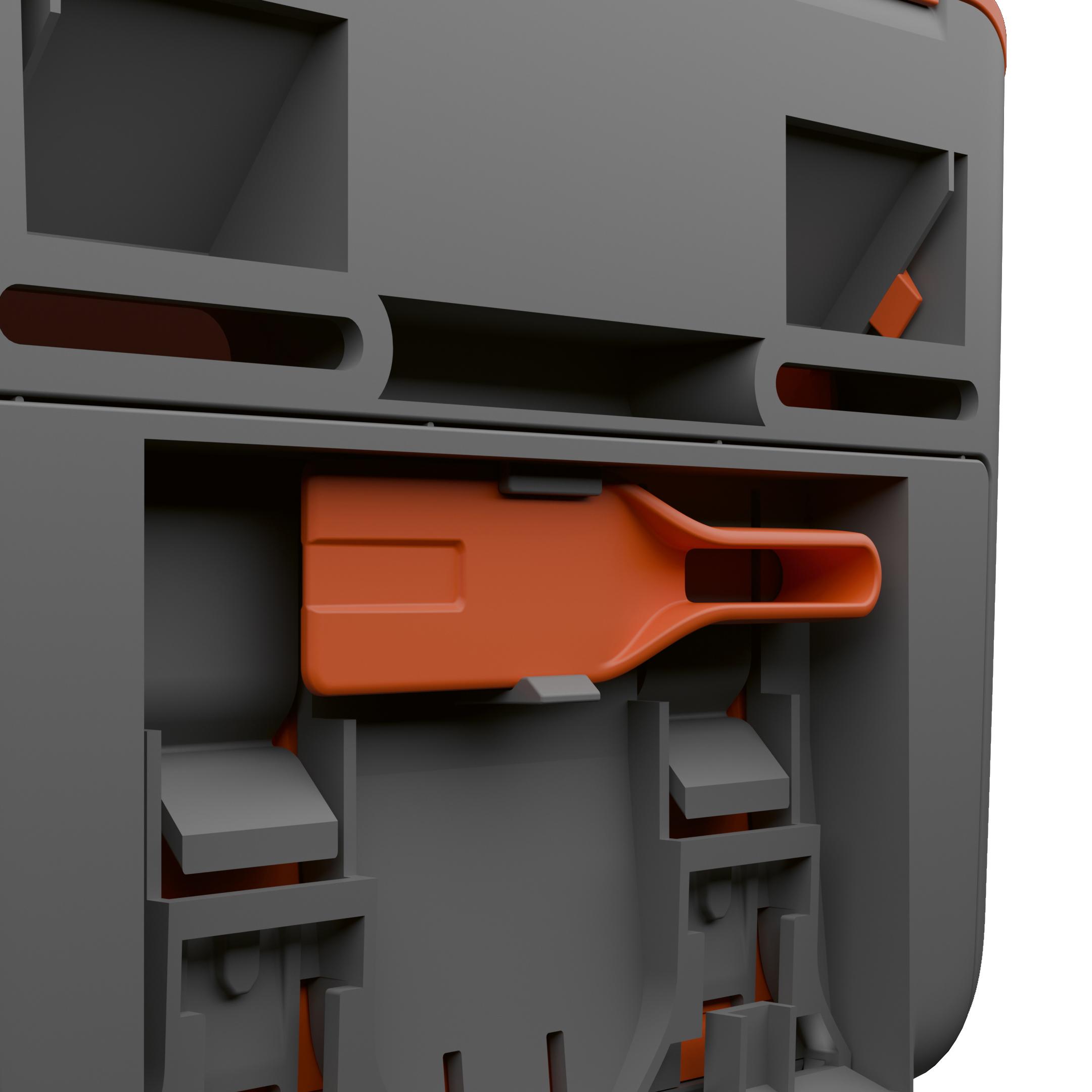 Ein geöffneter WERO Smart Box® Pflasterspender aus robustem orange-grauem Kunststoff mit herausziehbarem AquaFlex Pflastereinsatz.