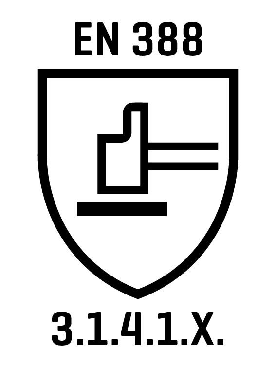 Schlichtes, weißes Schild-Logo mit schwarzem Hammer-Symbol auf schwarzem Hintergrund