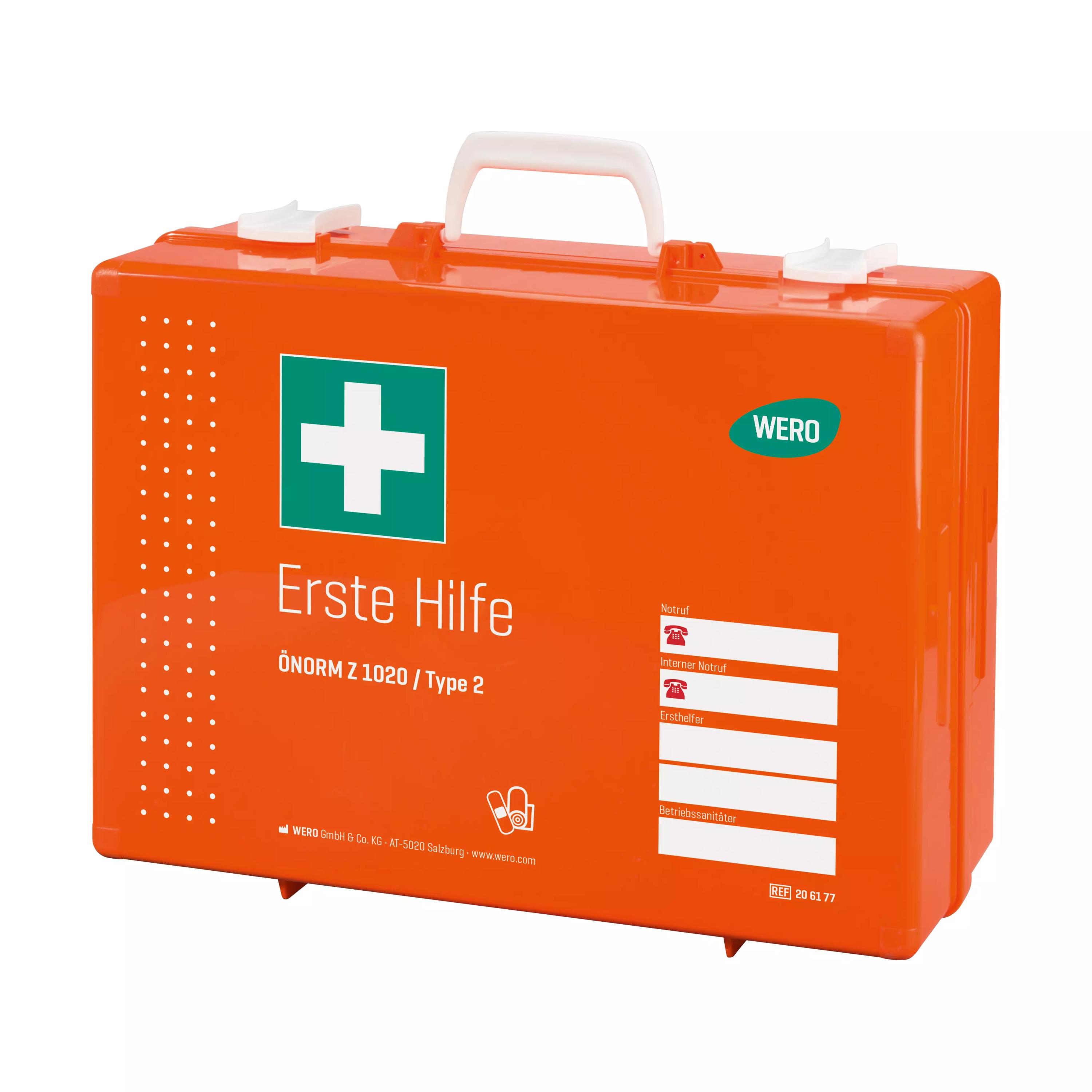 Rotes Werotop® 450 Koffer mit WERO Basis Füllung ÖNORM Z 1020 Typ 2, grünem Kreuz, weißem Griff und klaren Beschriftungen für Erste Hilfe.