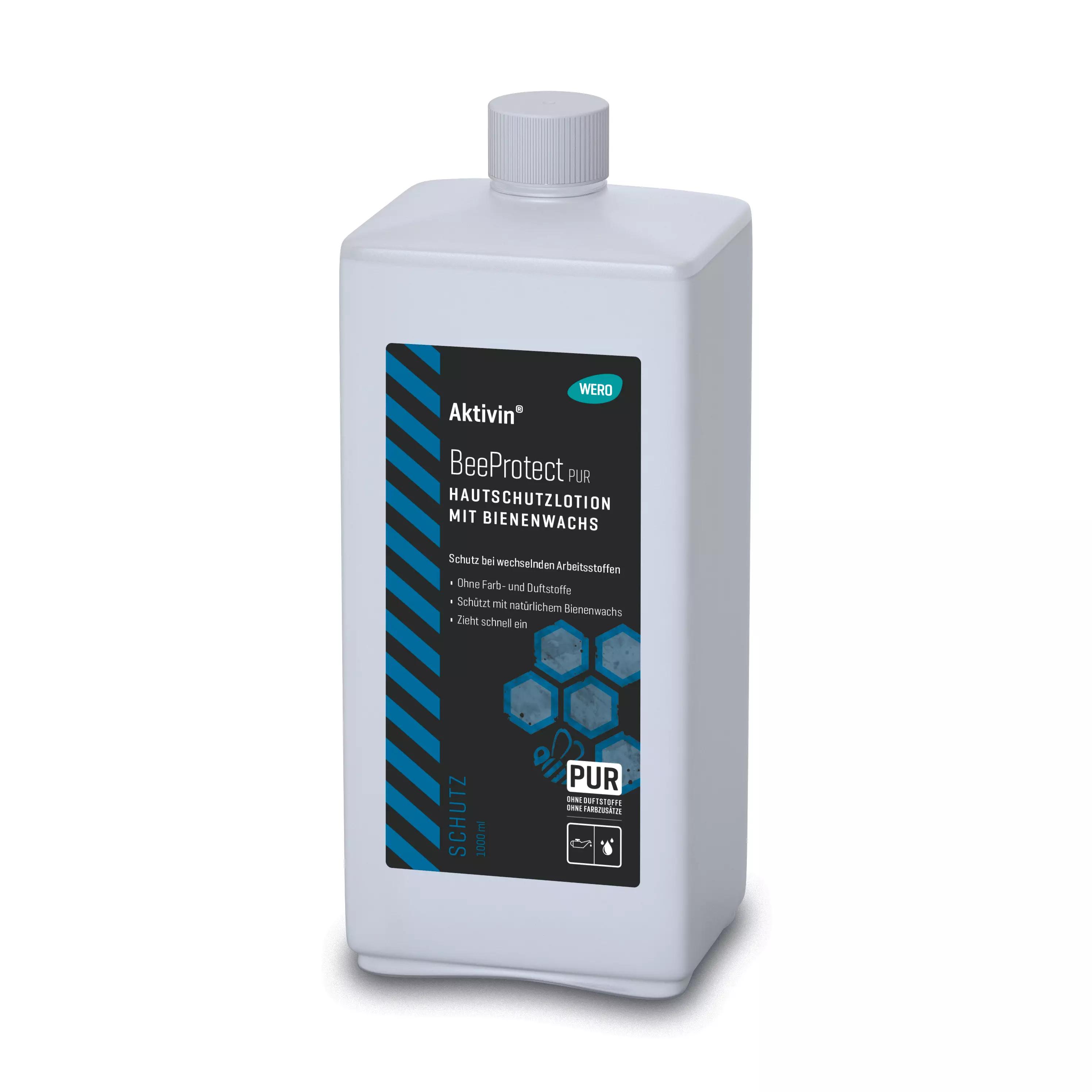 Eine weiße Flasche Hautschutzlotion Aktivin® BeeProtect PUR mit schwarz-blauem Label, parfümfrei, farbstofffrei und schnell einziehend, 1.000 ml.