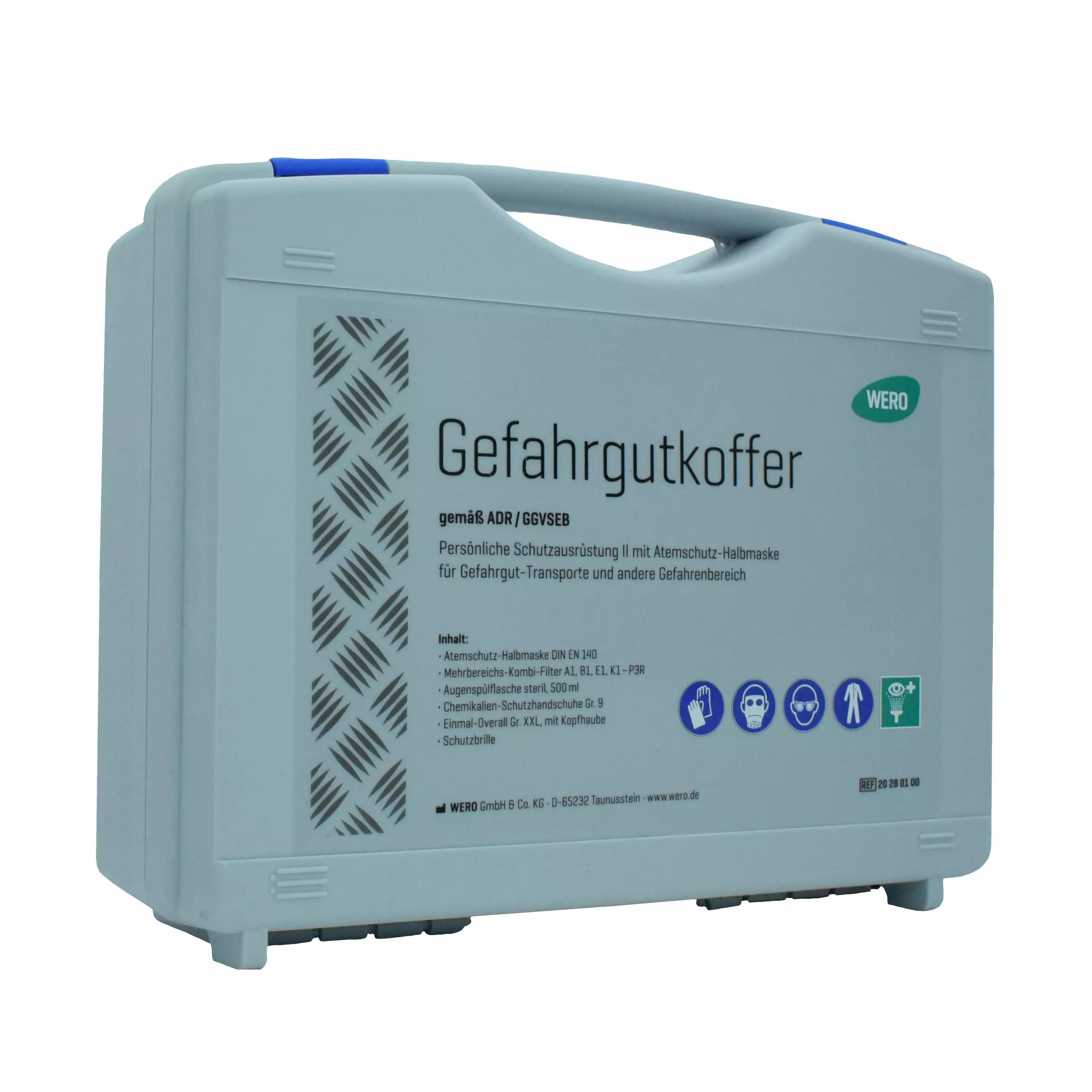 Stabiler Gefahrgutkoffer mit Halbmaske, ausgestattet mit Atemschutz-Halbmaske, Kombi-Filter und Chemikalien-Schutzhandschuhen.