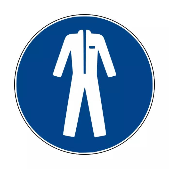 Gebotszeichen: Schutzkleidung benutzen - PVC, rundes Schild mit weißem Overall-Symbol und sichtbarem Reißverschluss auf blauem Grund.