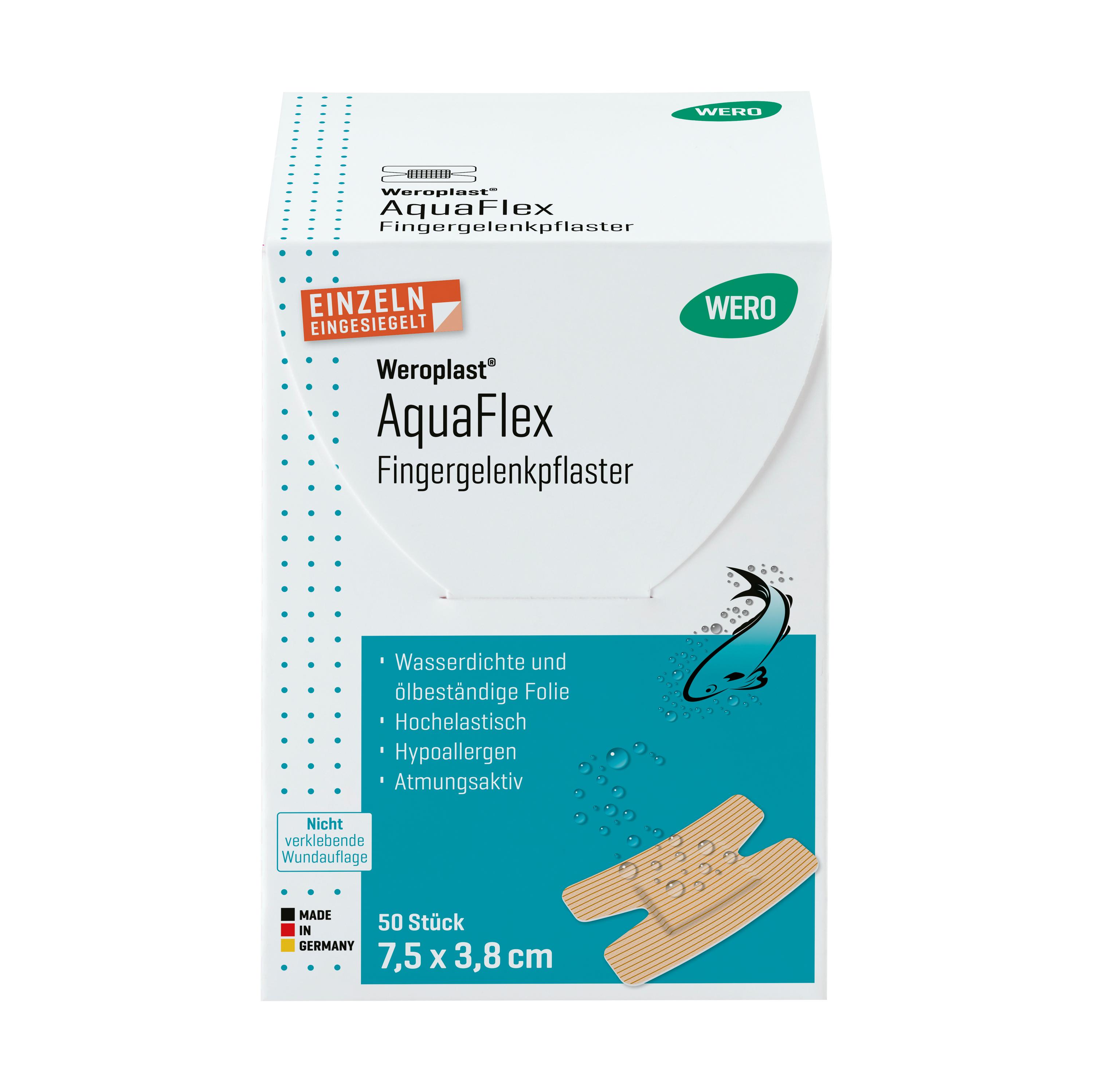 Eine Hand hält ein beigefarbenes Fingergelenkpflaster Weroplast® AquaFlex, das wasserdicht, superelastisch und flexibel für Fingerverletzungen geeignet ist.