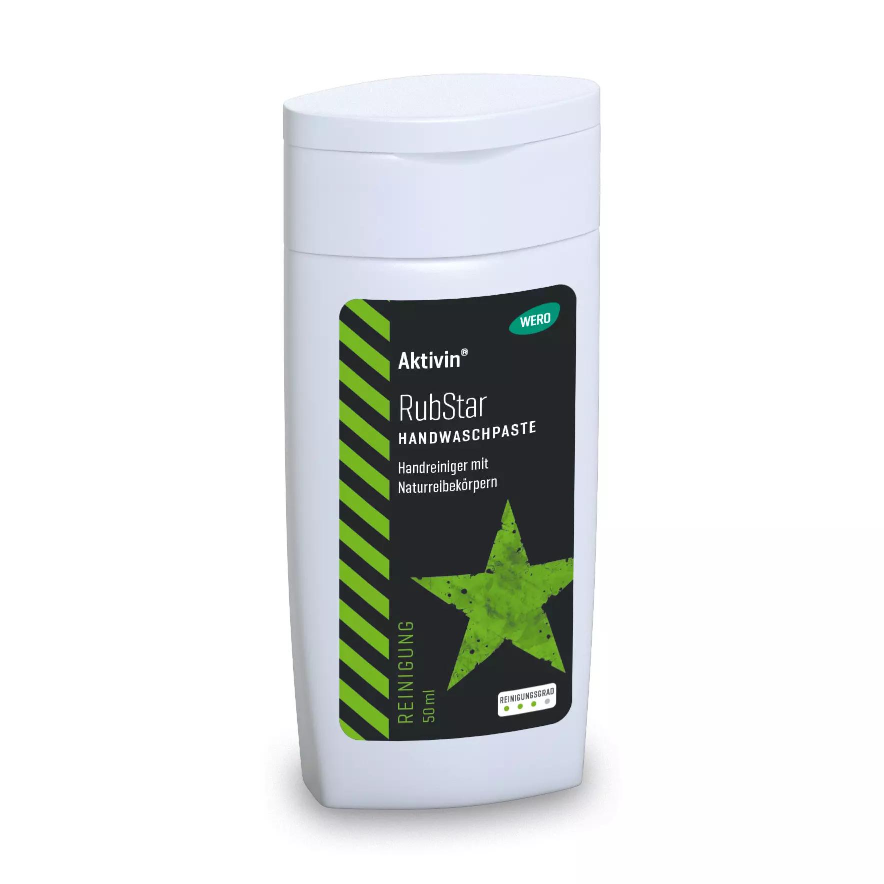 Eine weiße Flasche Hautreinigung Aktivin® RubStar - Probiergröße, 50 ml, mit schwarzem Etikett, grünem Stern und Angaben zur Handwaschpaste.