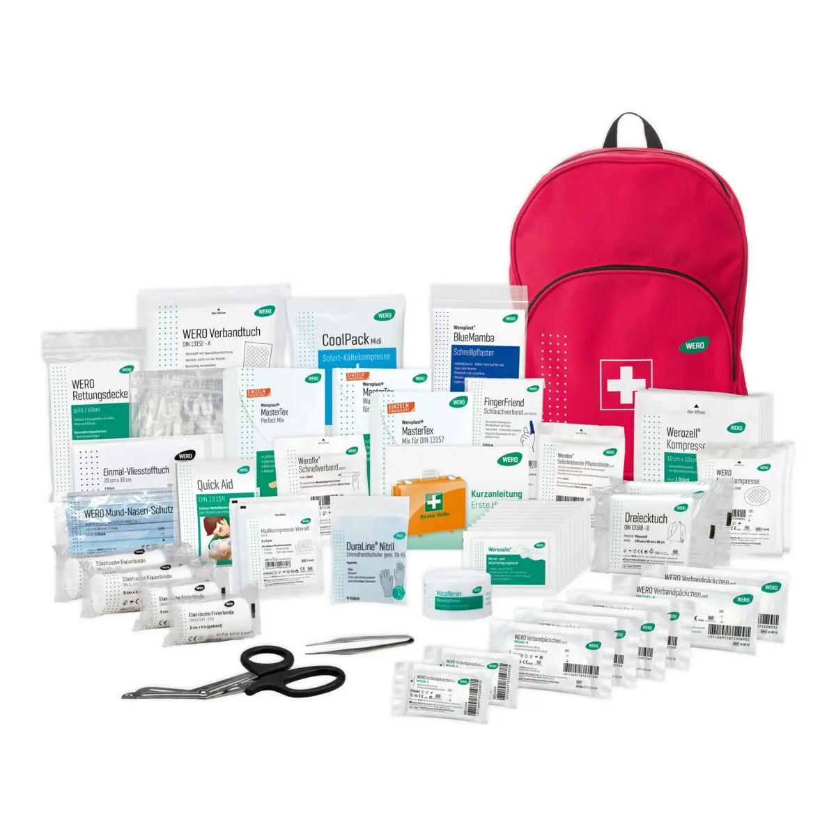 WERO Erste Hilfe Rucksack DIN 13157 Allround mit umfangreicher Füllung, sortiert in zwei Reihen, inklusive Verbandsmaterial und Schere.