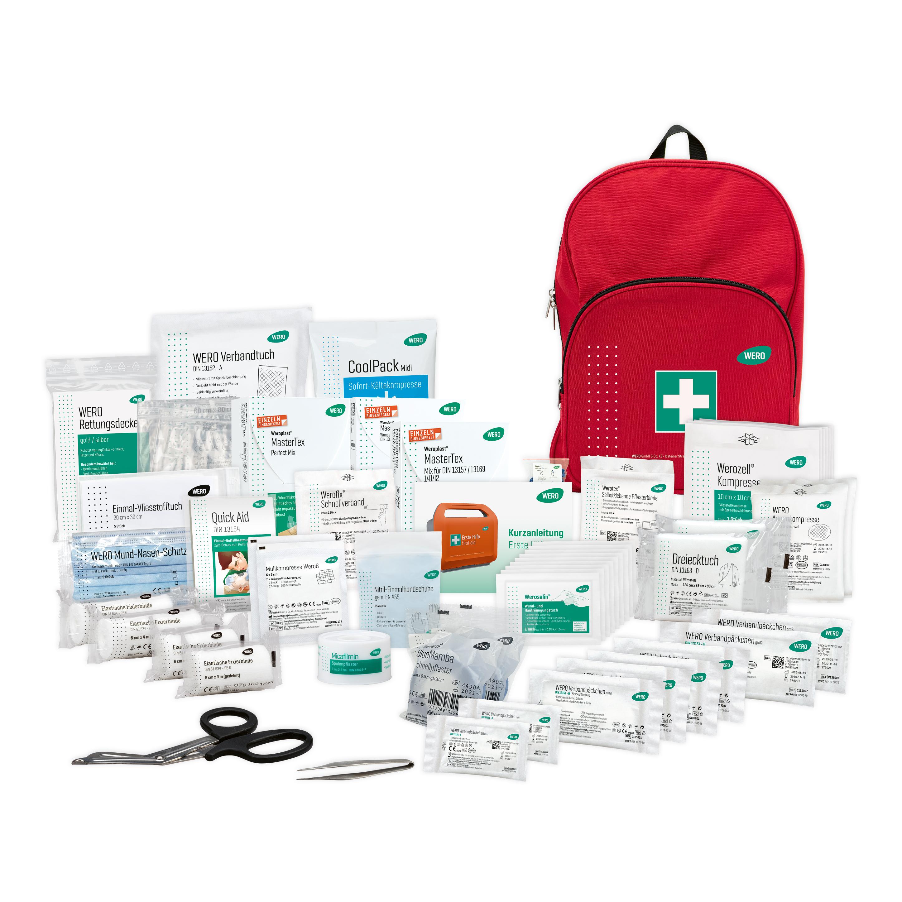 WERO Erste Hilfe Rucksack DIN 13157 Allround mit umfangreicher Füllung, sortiert in zwei Reihen, inklusive Verbandsmaterial und Schere.