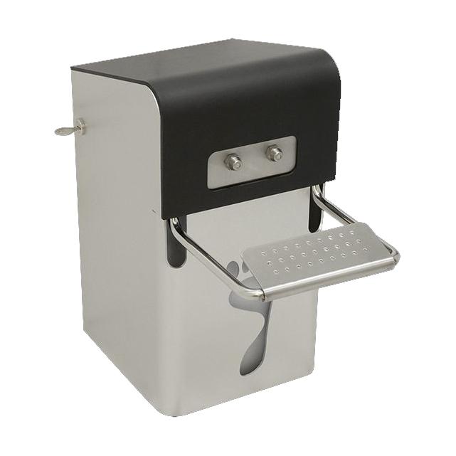 Edelstahl Fuß-Sprühgerät mit schwarzem Deckel, zwei Bedienknöpfen und nasser Trittfläche mit ausgeschnittenem Fußabdruck.